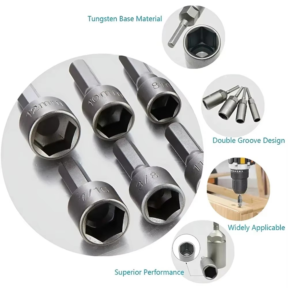 Power Nut Driver Bit Set Quick Change MM & SAE Impact 1/4″ Hex Shank USA