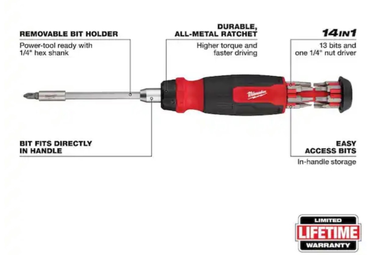 Milwaukee 14-in-1 Ratcheting and 8-in-1 Compact Multi-Bit Screwdriver 48-22-2906