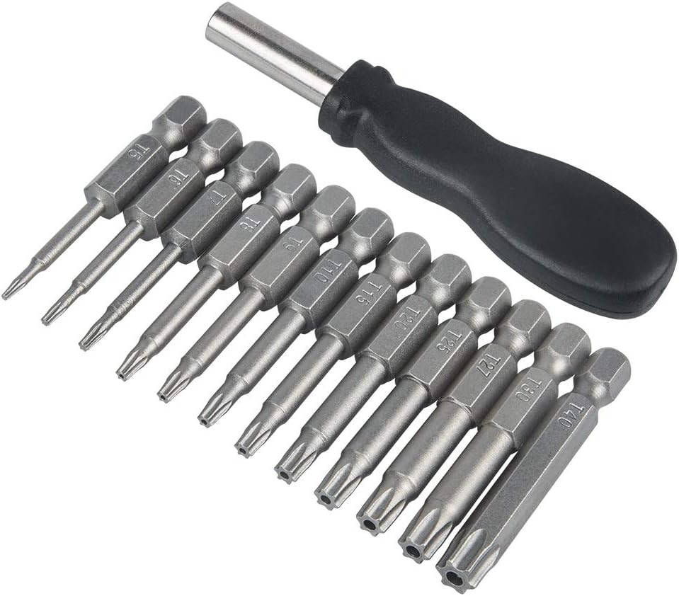 Juego de 12 puntas Torx T5-T40, vástago hexagonal 1/4″, con mango.