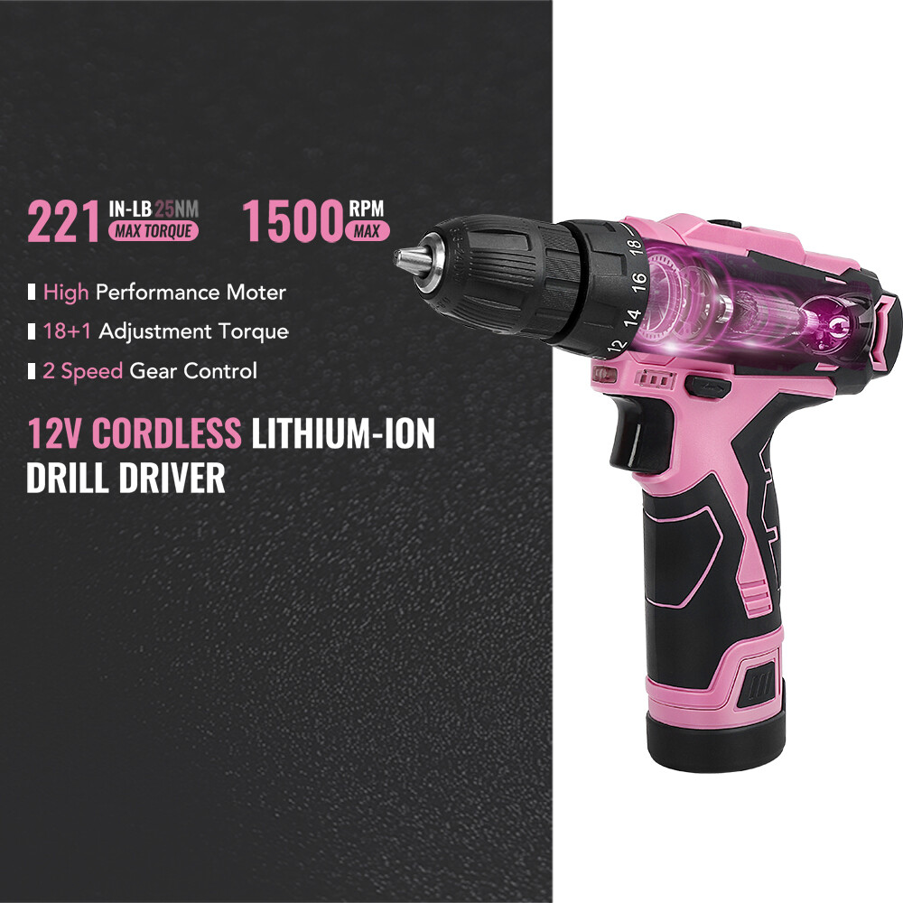 WORKPRO 108PCS Pink Tool Set Power Drill Kits Keyless Chuck 1.5A Cordless Drills