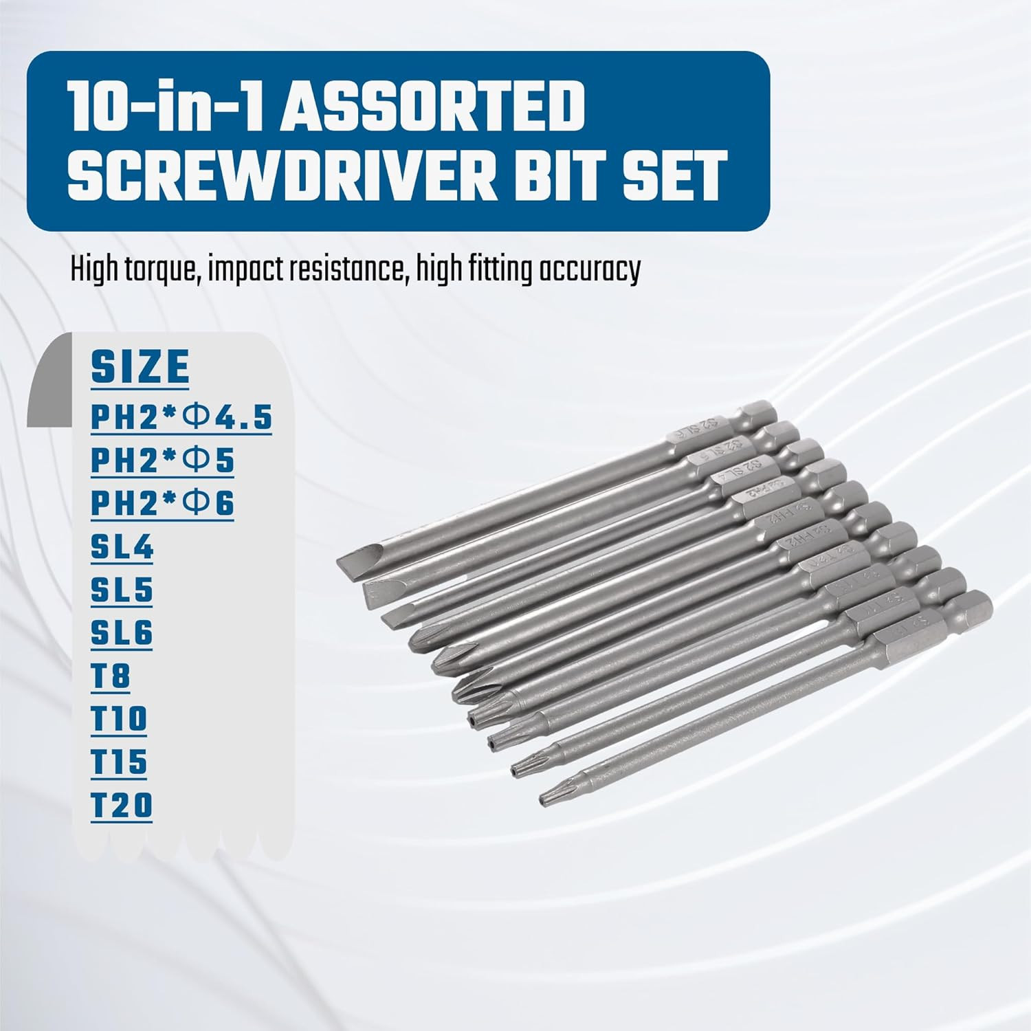 10PCS Long Screwdriver Bit Sets, 4 Inch/100 Mm | 3 Slotted 3 Phillips 4 Security