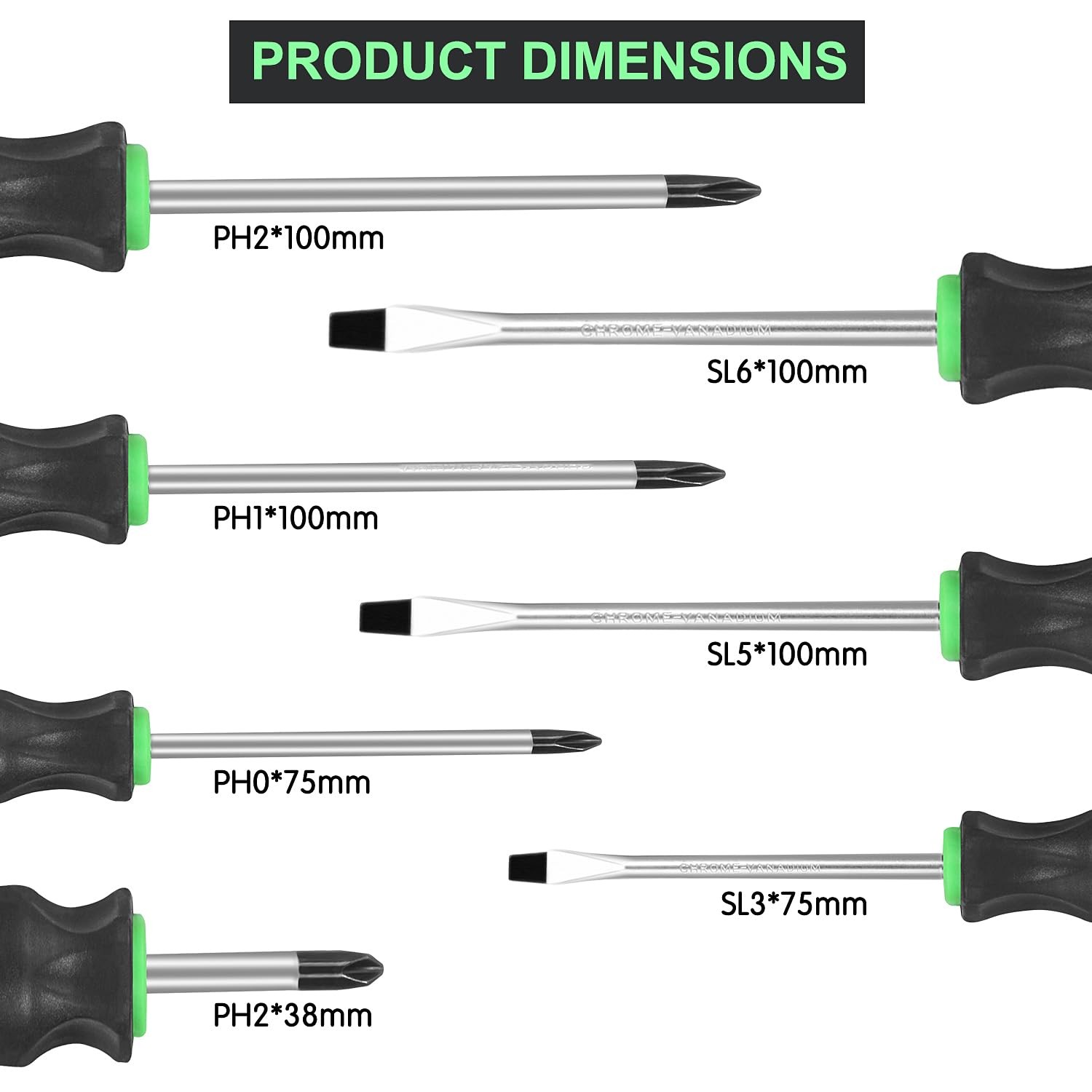 GURADESIGN 7-Piece Magnetic Screwdrivers Set, 4 ‎Phillips & Slotted, Green