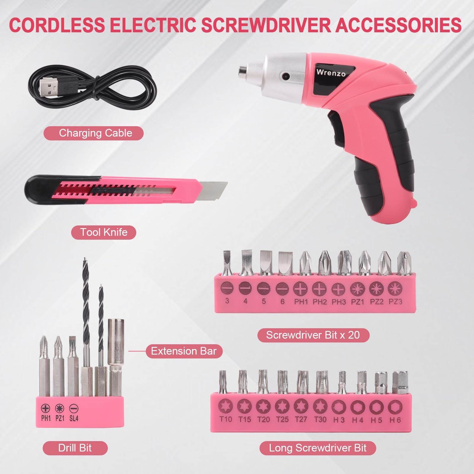 Electric Screwdriver 28pc 3.6V Pink USB Small Power Screwdriver Set. Cordless…