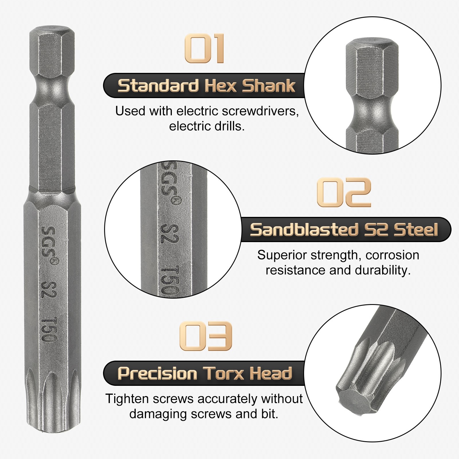 3pcs T50 Torx Head Screwdriver Bit 1/4″ Hex Shank 2.6″ Long Magnetic No Hole Tip
