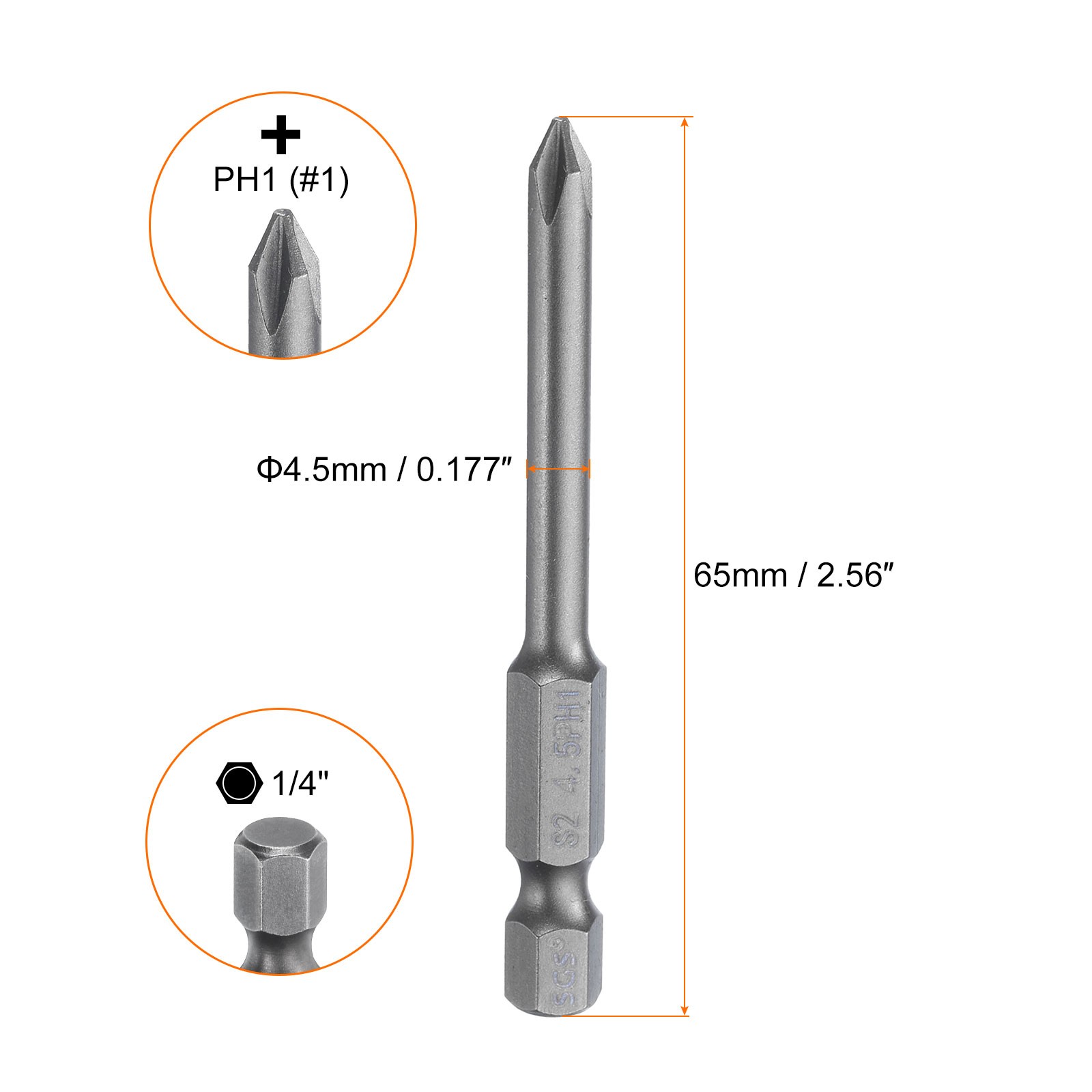 5Set Magnetic Phillips Screwdriver Bit PH1 1/4″ Hex Shank 65mm Long 4.5mm Rod