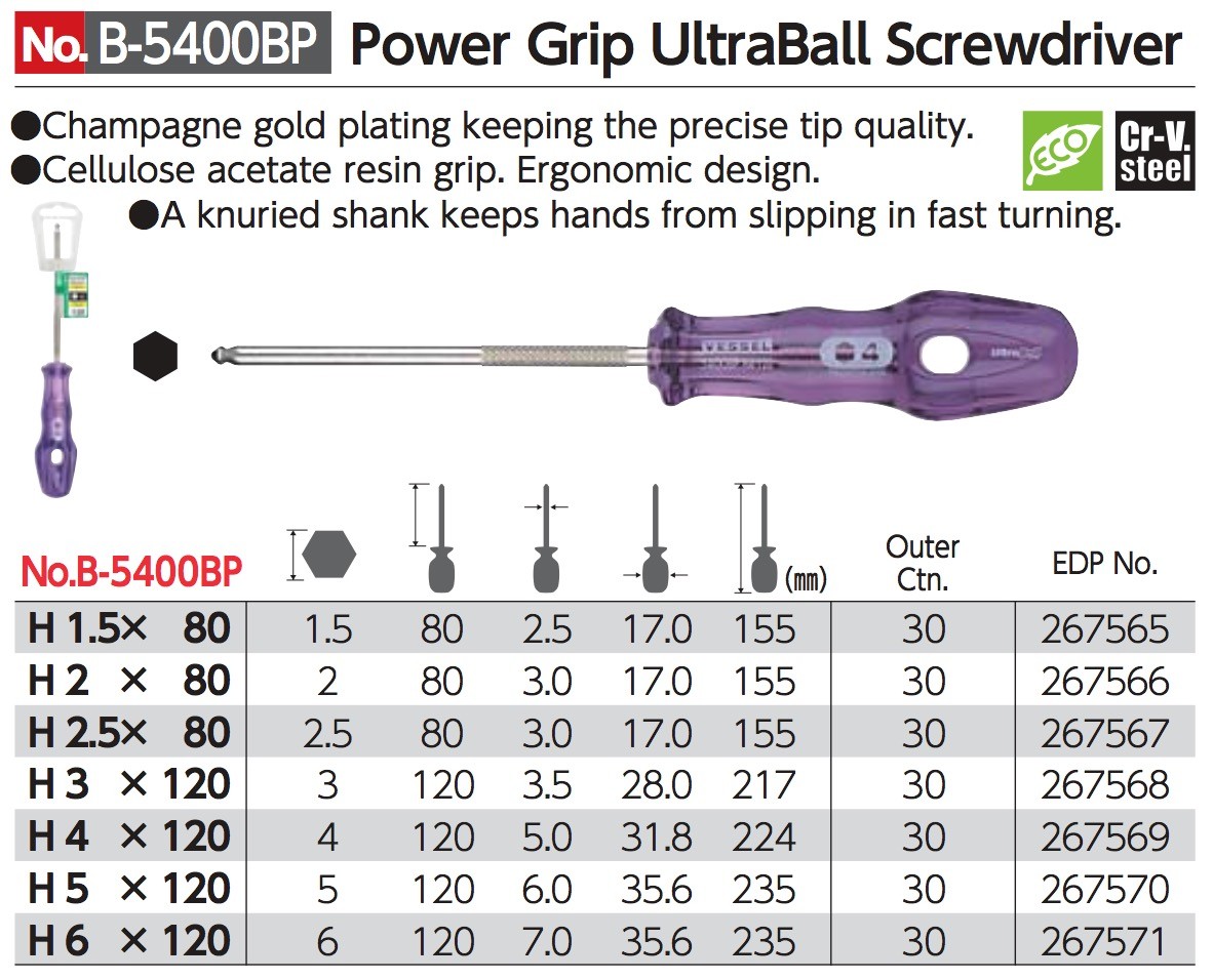 VESSEL Power Grip UltraBall Screwdriver H1.5 – 6 80-120mm No.B-5400BP