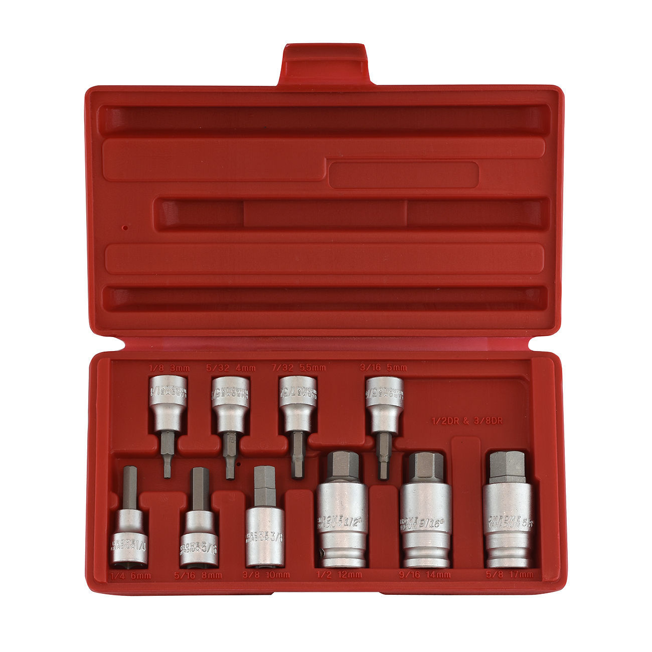 10pc 3/8″ & 1/2″ Drive Hex Key Allen Head (SAE) Socket Bit Set Heavy Duty