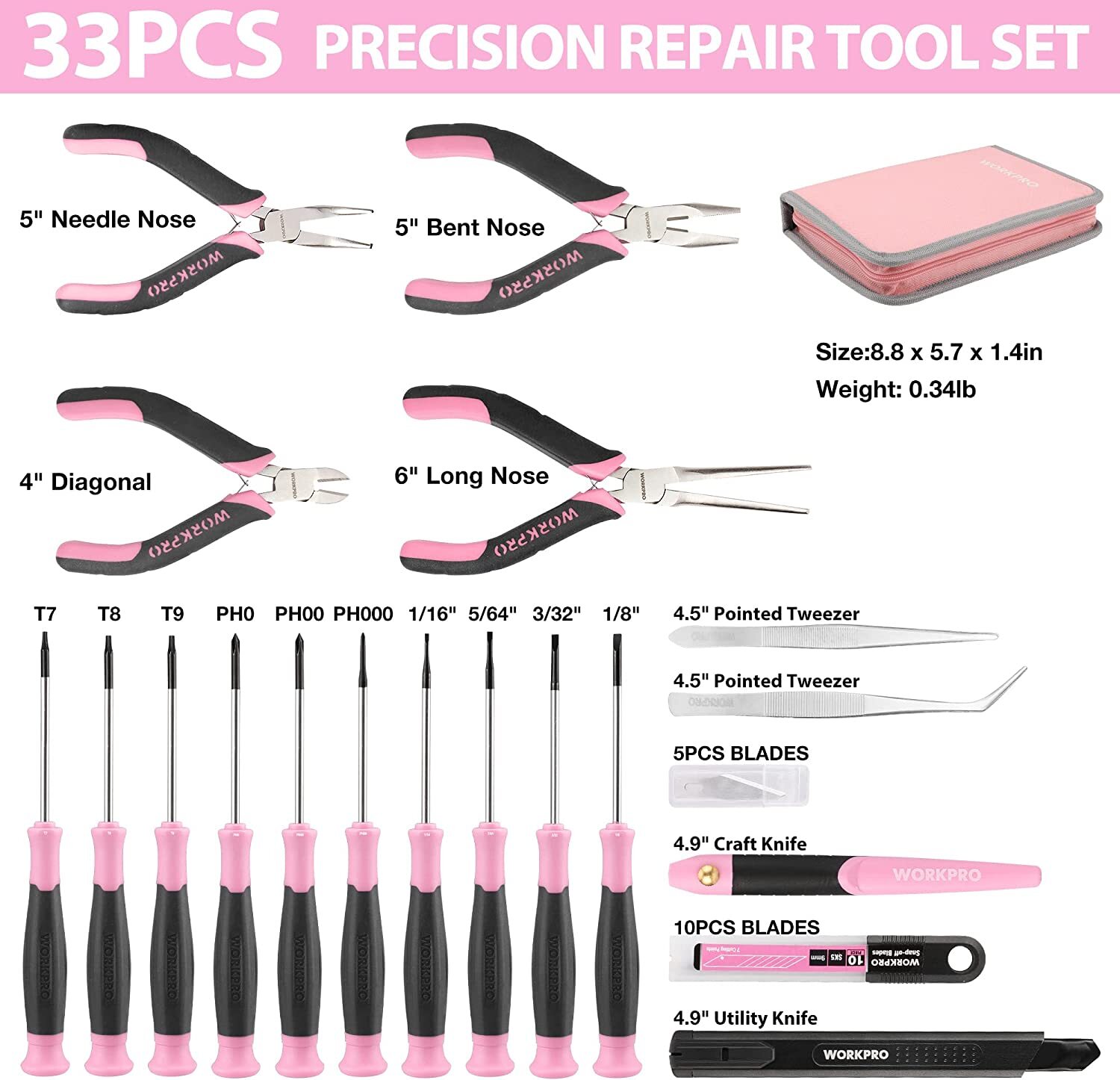 WORKPRO 33PCS Precision Repair Tool Set with Pouch Blue/Pink Pliers Set Tweezers