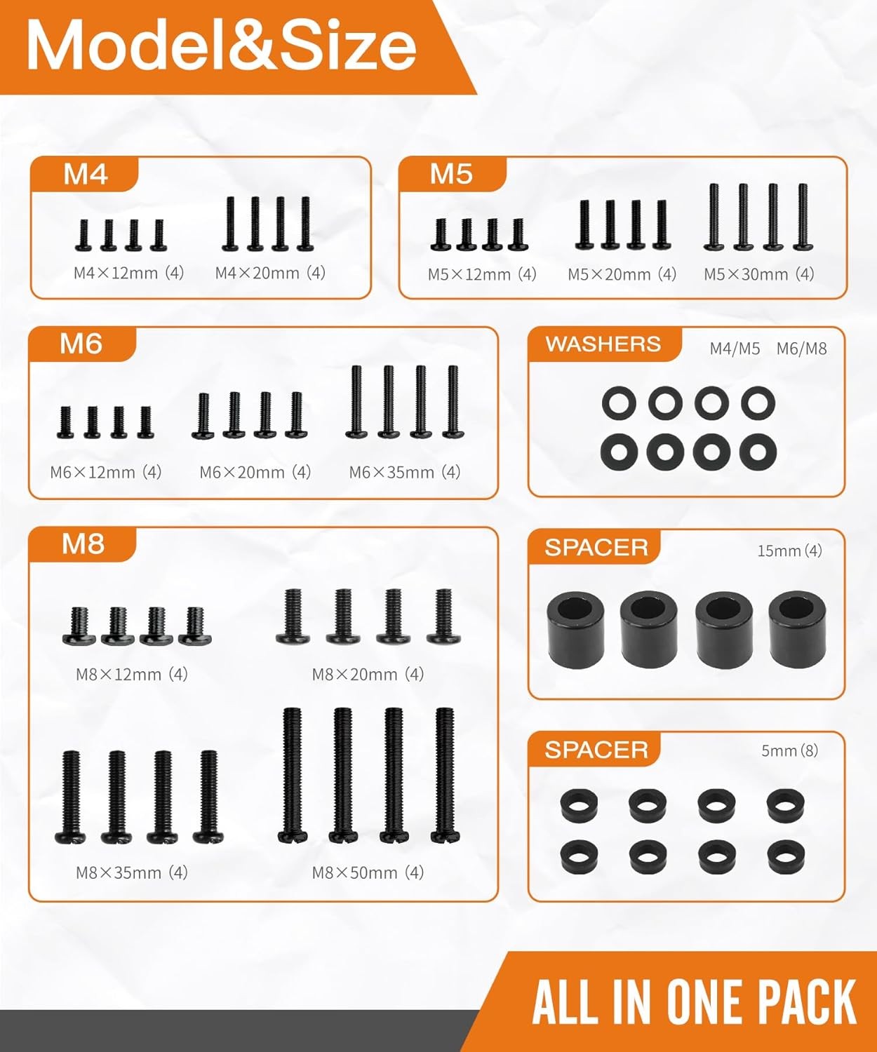 Universal TV Mounting Hardware Screw Kit Set with Box – M4 M5 One Size, Black