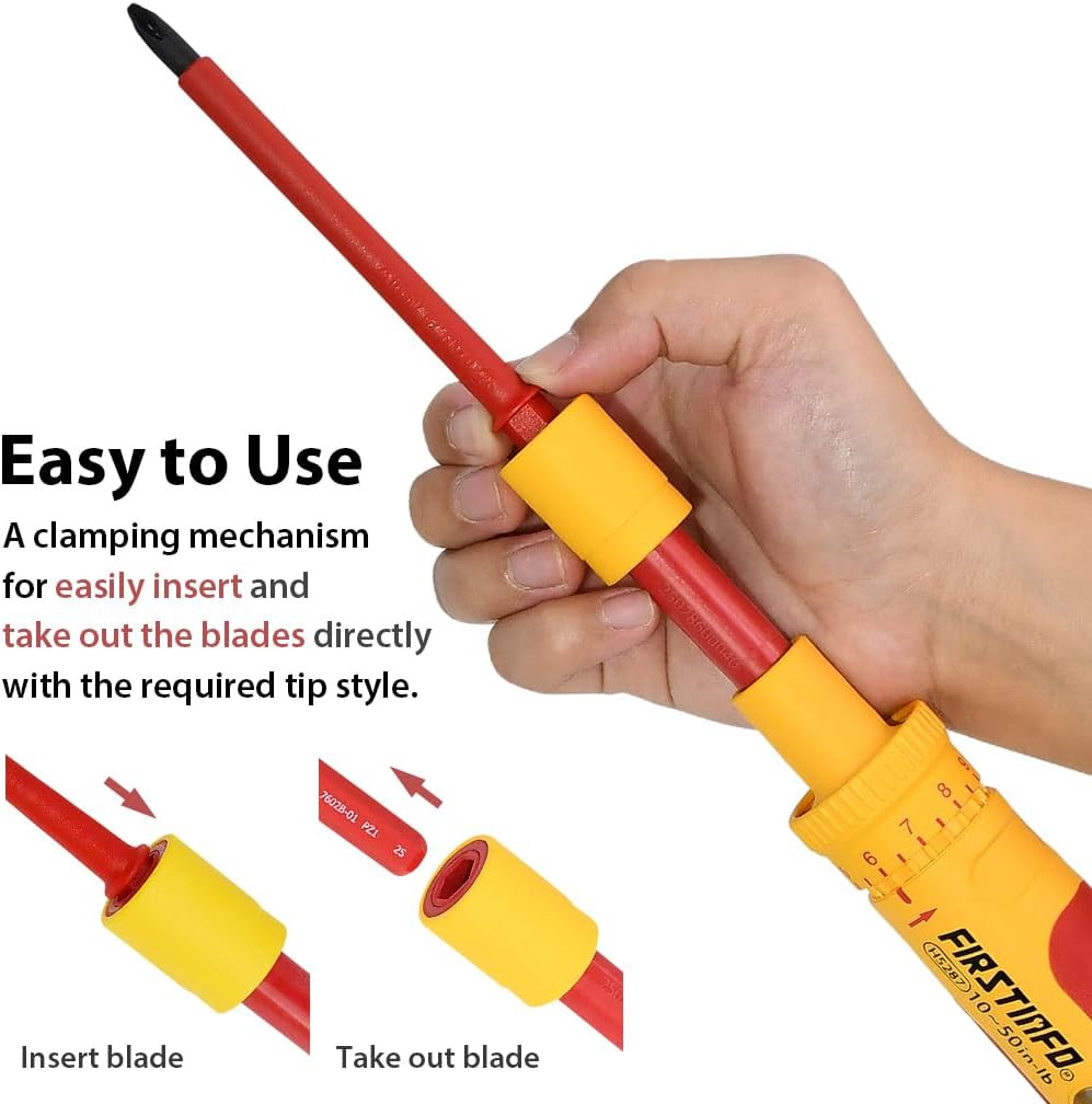 FIRSTINFO H5287 VDE Insulated Torque Screwdriver Set with 8 Bits, 10-50 In-Lbs