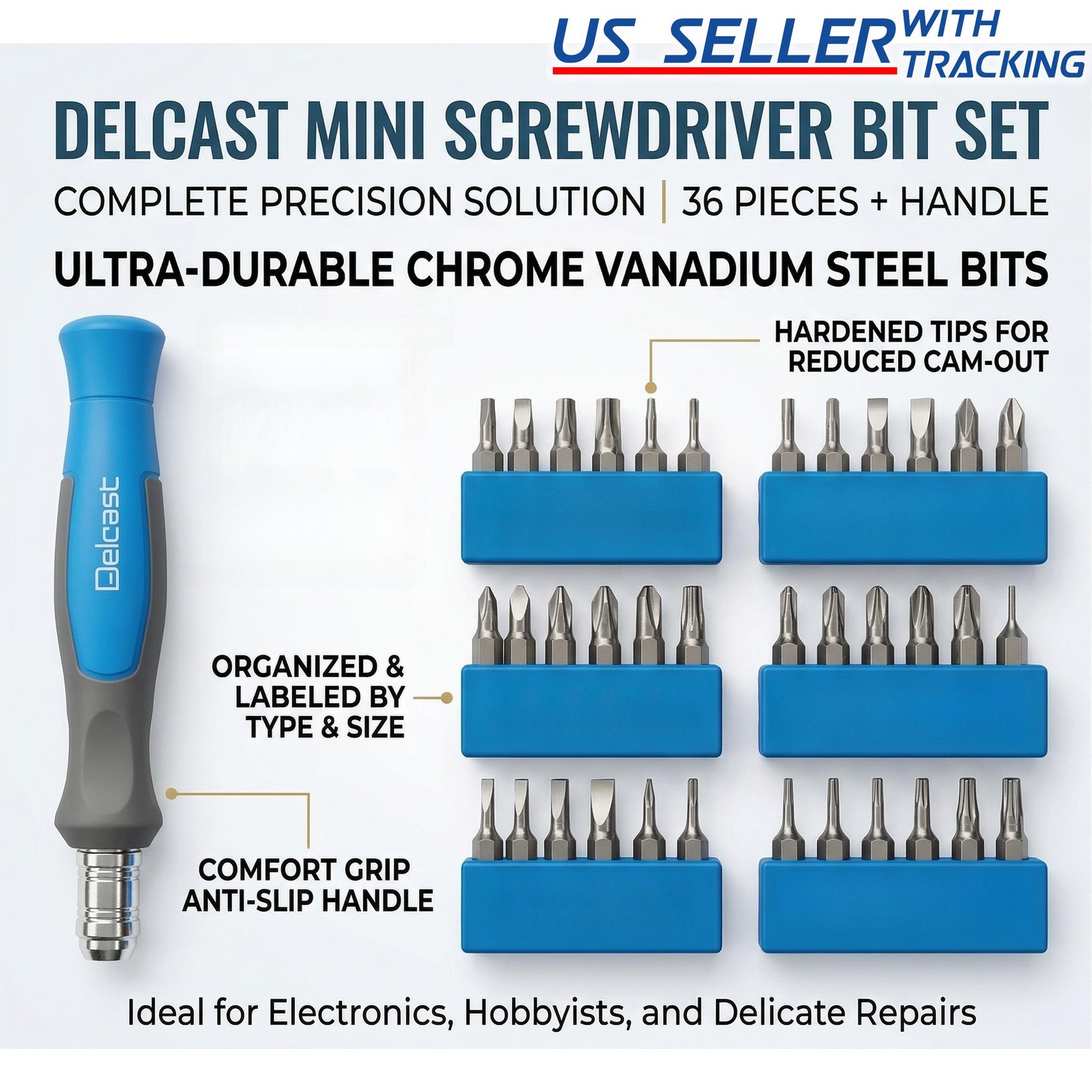 Delcast 37pc Mini Precision Screwdriver Bit Set Chrome Vanadium Phillips Torx