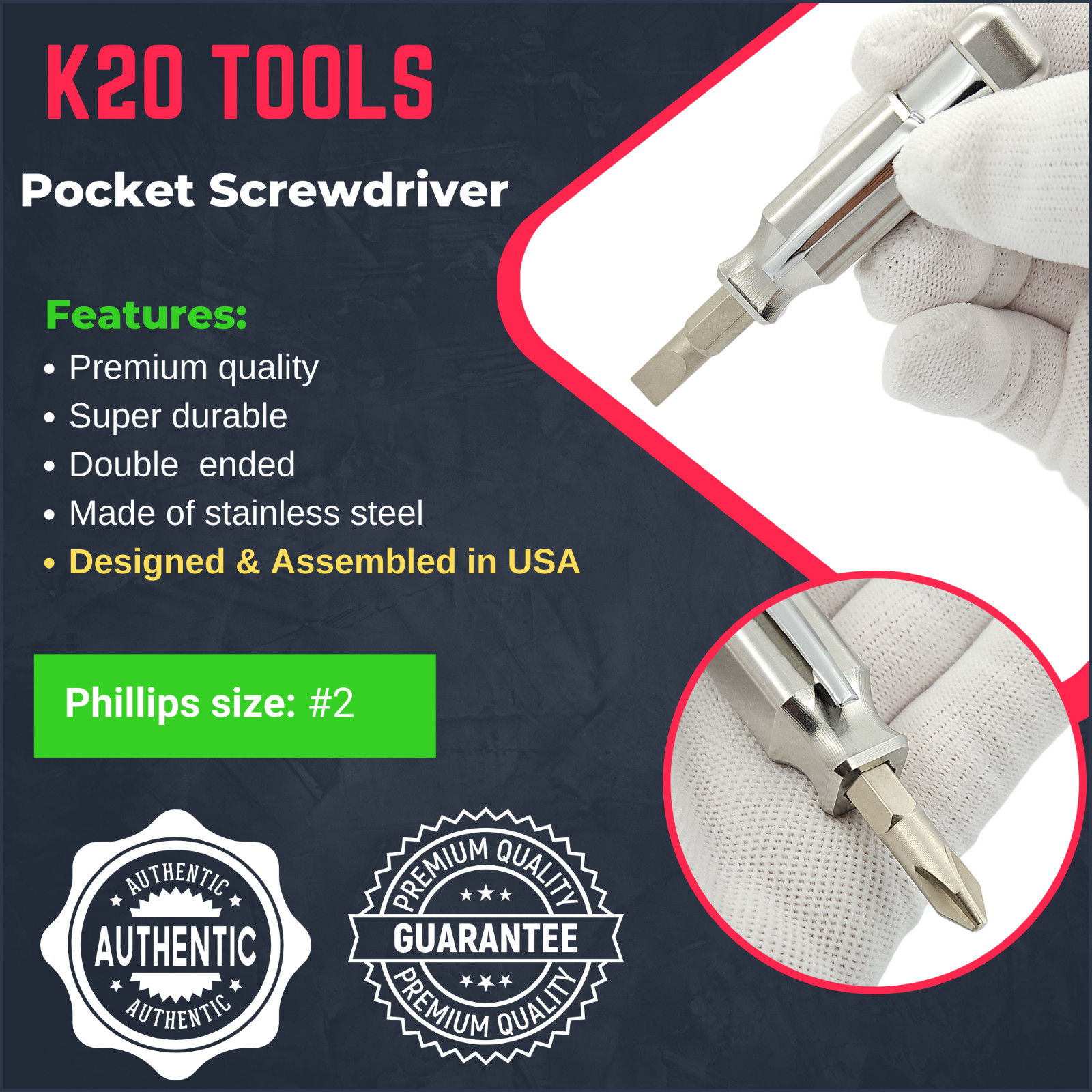 Pocket Screwdriver with Magnet and Clip Phillips and Flat Head – Stainless Steel