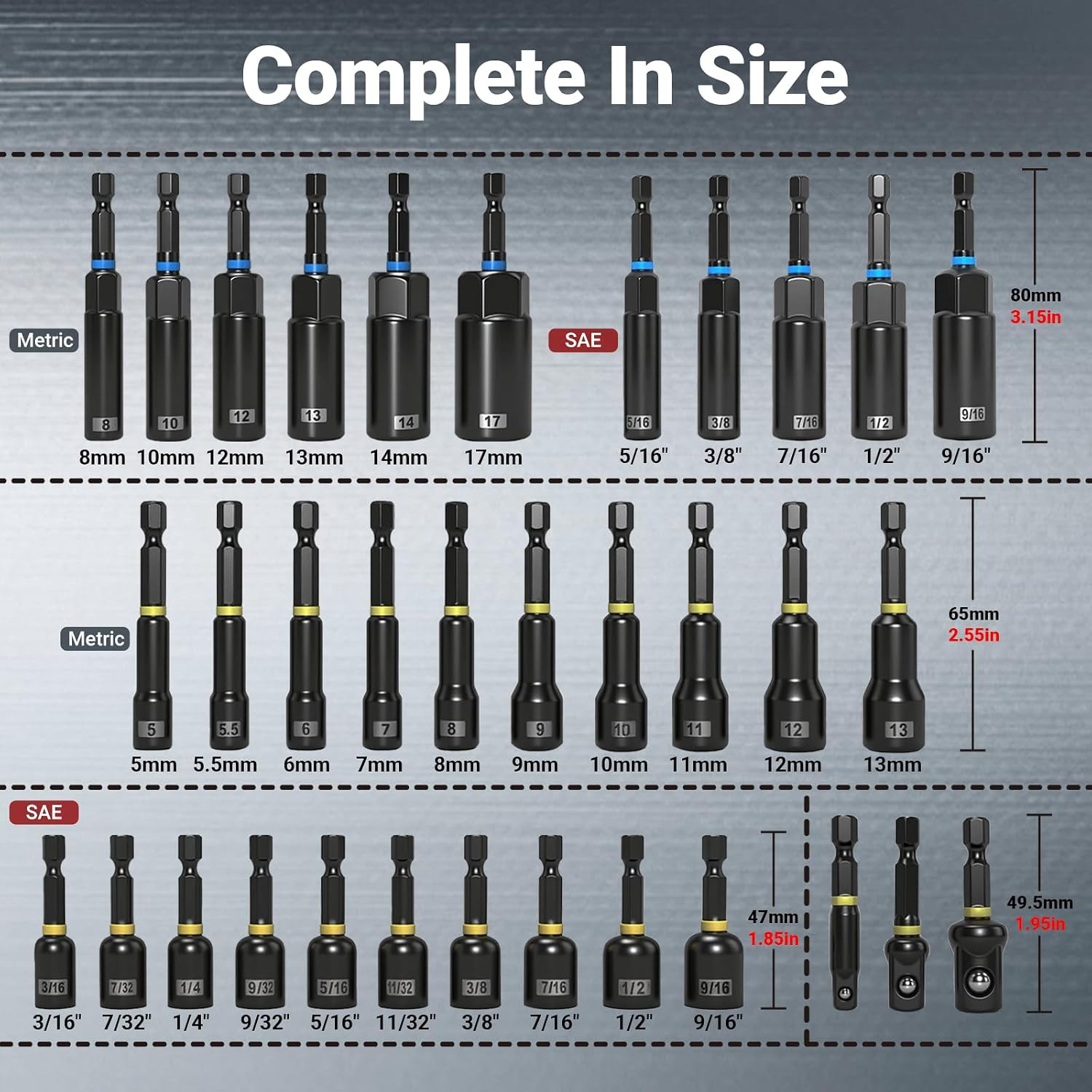 80-Piece Magnetic Impact Nut Driver Set, Sae/Metric Nut Driver Set, Socket Adapt