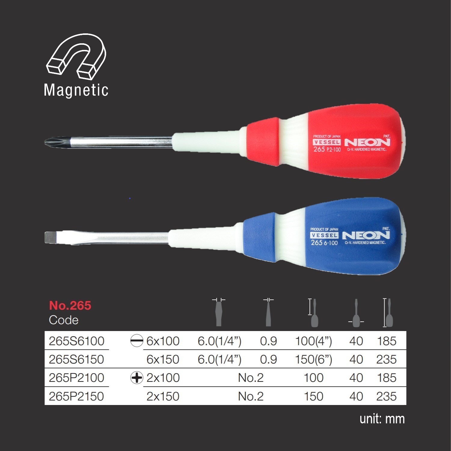 Vessel Neon Glow Screwdriver Set 4pc Phillips Slotted 7″ 9″ P2 Made in JAPAN