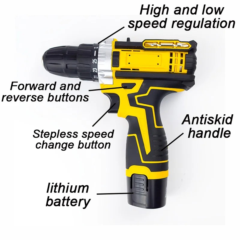 Lithium Electric Drill & Screwdriver, 18 Torque Settings, LED Light