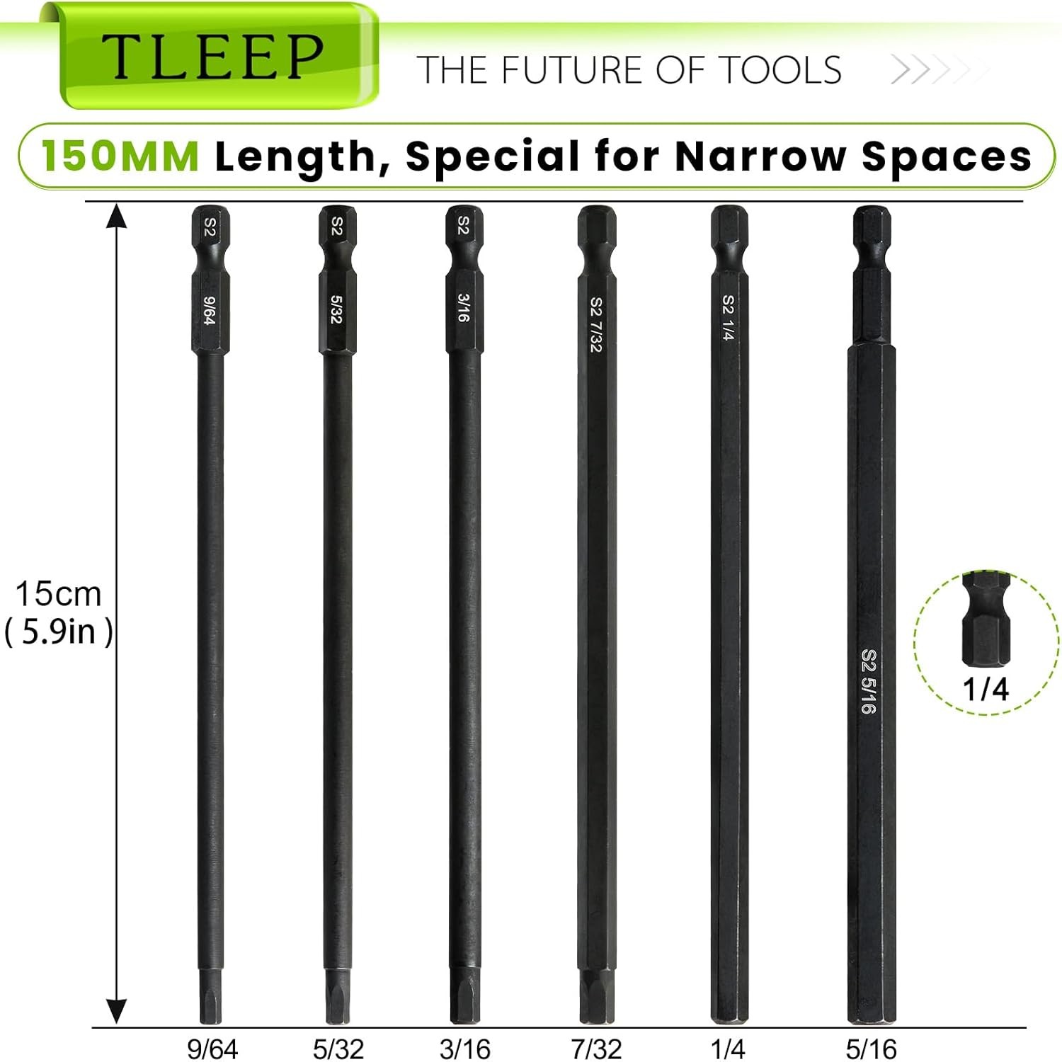 6″ Long 1/4 Inch Hex Head Allen Onesize, Set 5: 9/64 to 5/16, 150mm Black