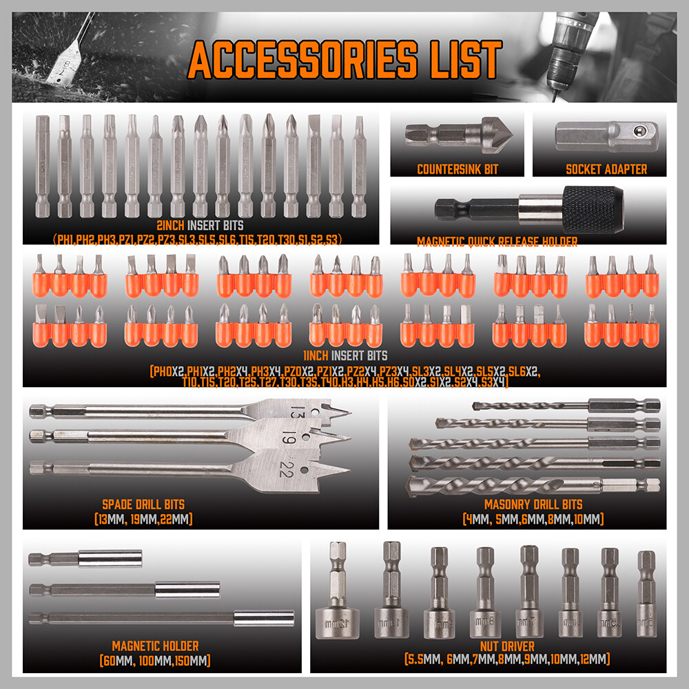 112PC Drill Bits Spade Nut Driver Screwdriver Socket Set Magnetic 1/4″ Hex Shank