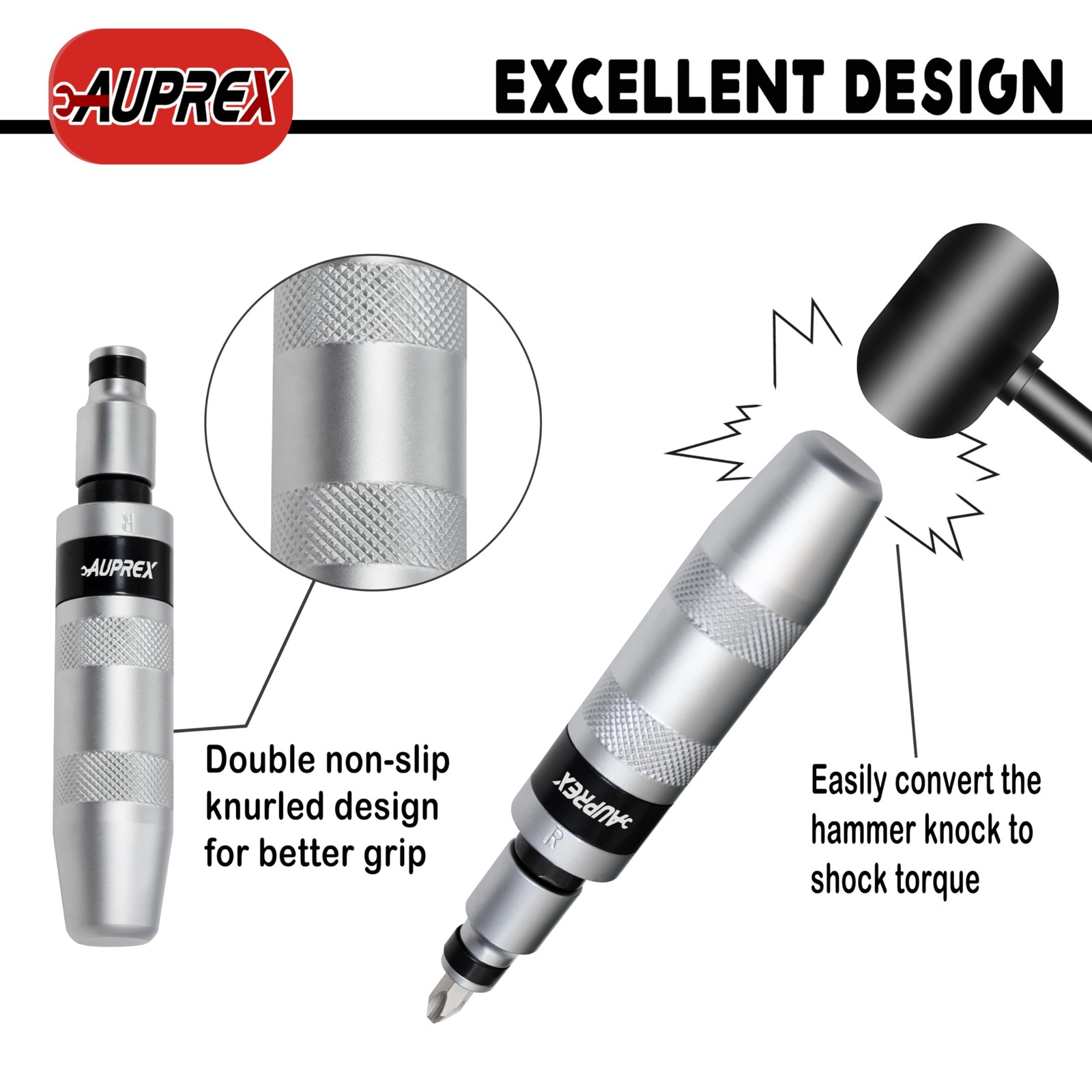 AUPREX Manual Impact Screwdriver, 1/2” Reversible Hand Silver&black
