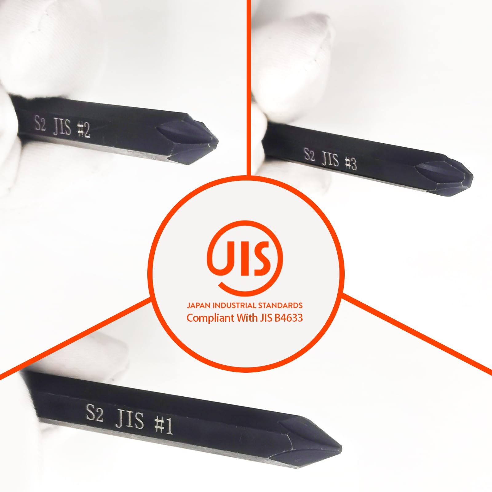 JIS B4633 Impact Screwdriver Bits For Driver, #1+#2+#3+SL8, Black