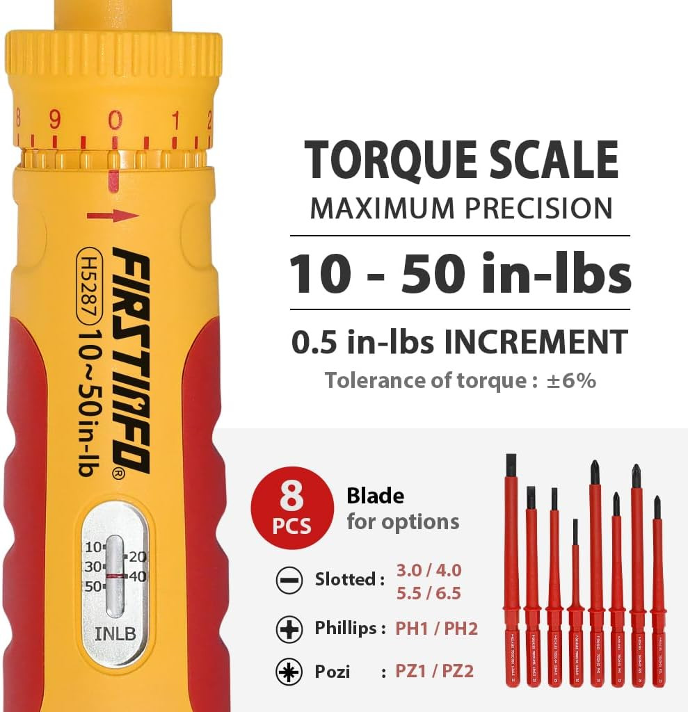FIRSTINFO H5287 VDE Insulated Torque Screwdriver Set with 8 Bits, 10-50 In-Lbs