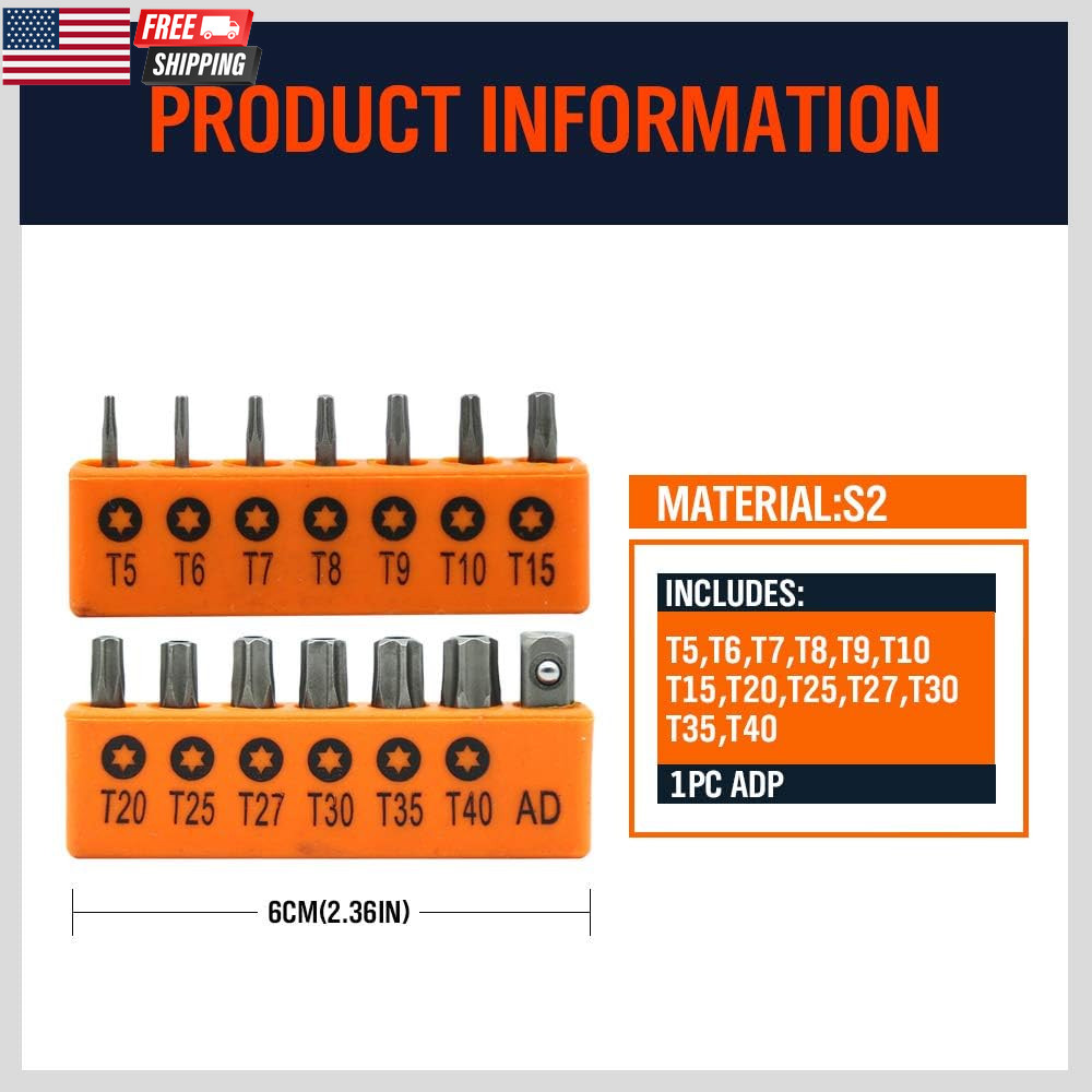 Torx Bit Set, 36Pcs Security Torx Bit Set,Tamper Proof Star Bits (T5-T40) for Im