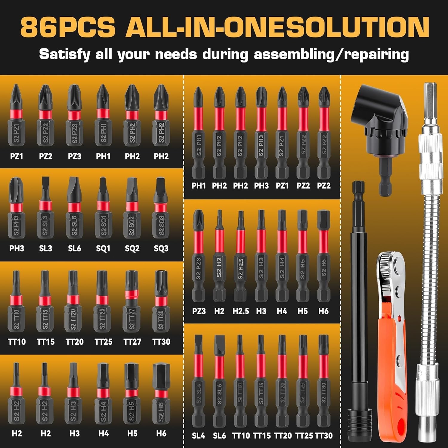 Impact Nut Driver Set 86pcs SAE Metric S2 Steel Power Bits Socket Extensions