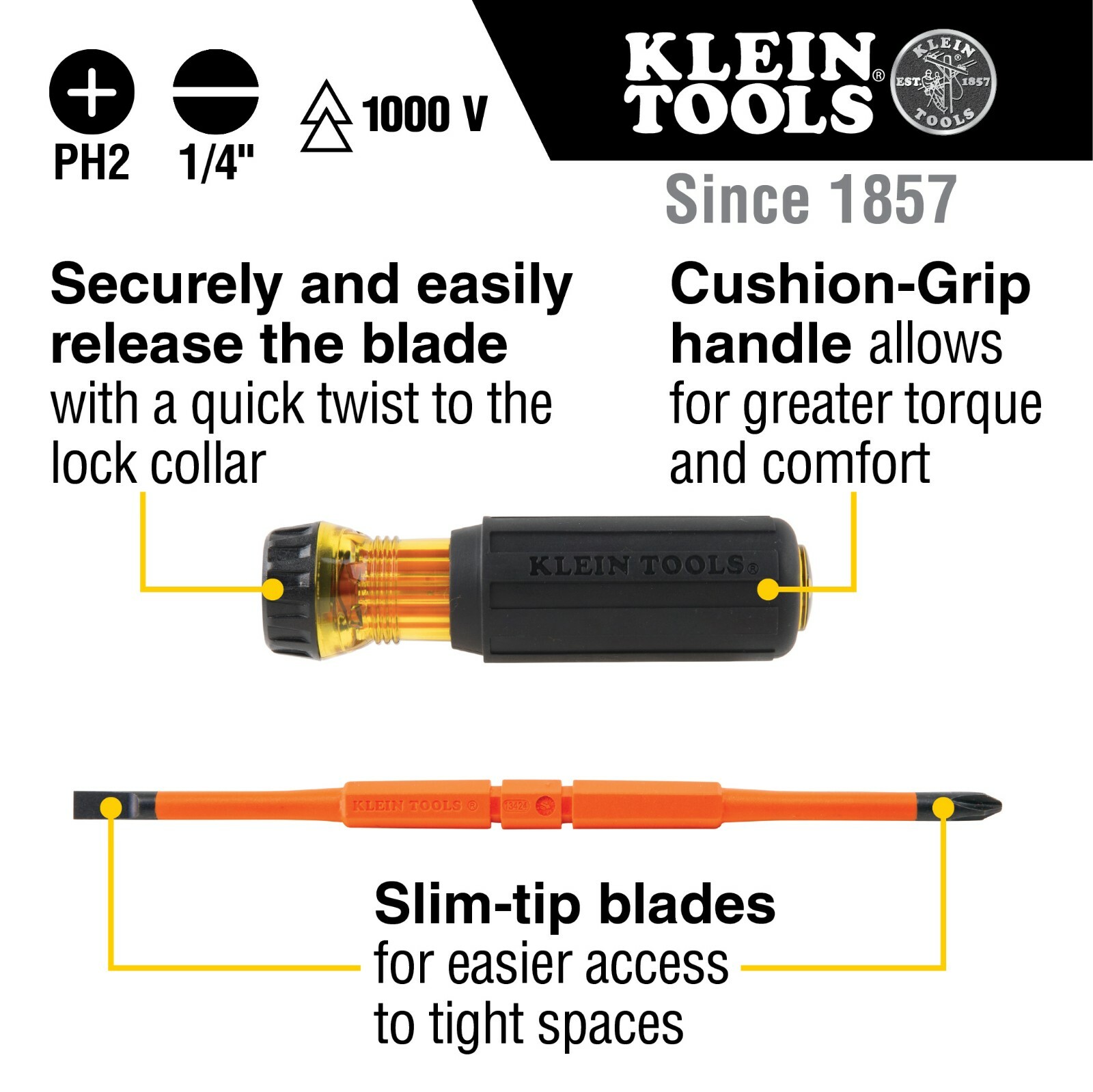 Klein Tools 32293 Flip-Blade Insulated Screwdriver, 2-in1, Ph Bit #2, Sl Bit 1/4
