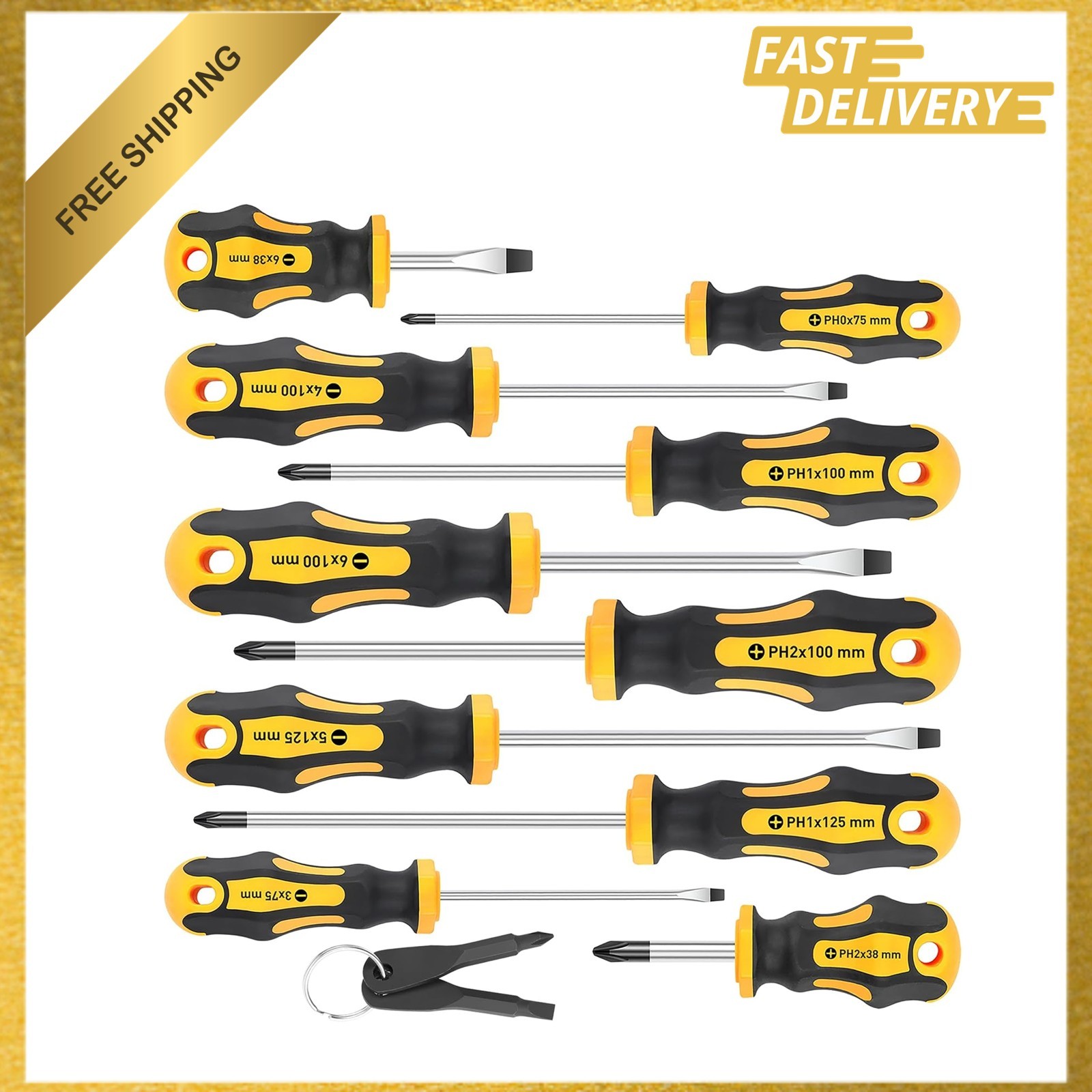 Magnetic Screwdriver Set 10 Pieces Chromium Vanadium Steel Tips Cushion Grip
