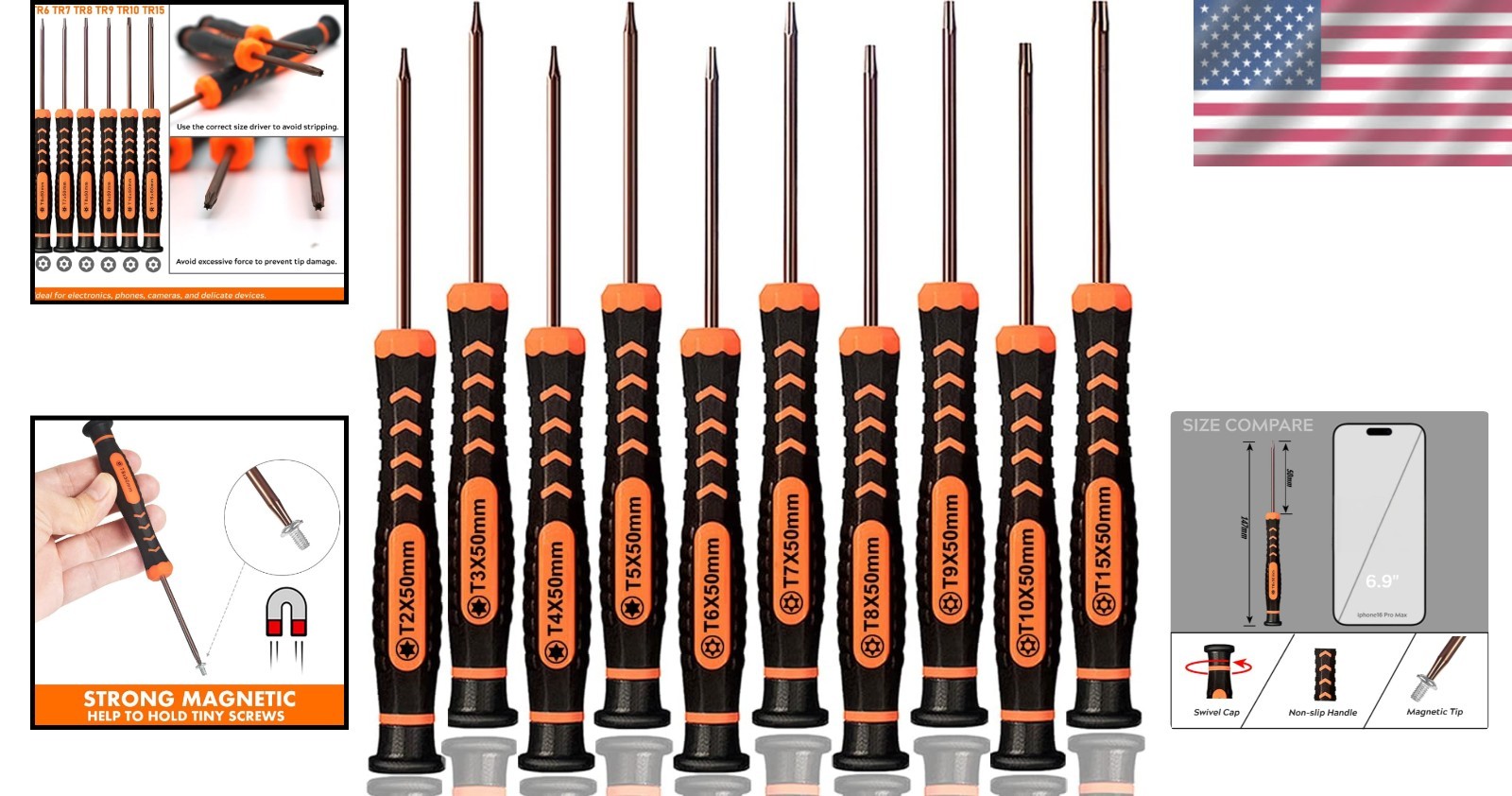 Black-Orange Magnetic Precision Torx Screwdriver Set