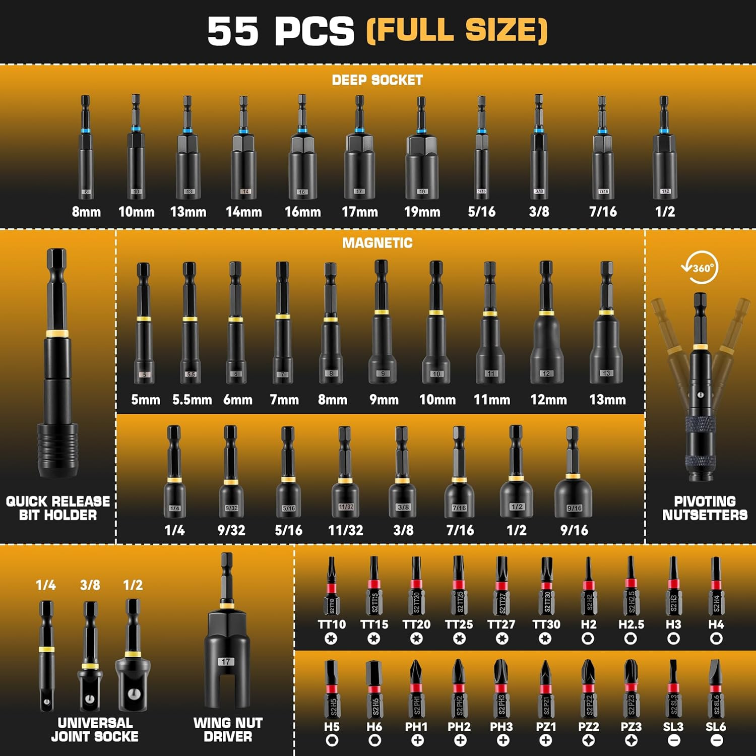 Magnetic Impact Nut Driver Set Metric & SAE with Socket Adapters Wing Nut Drive