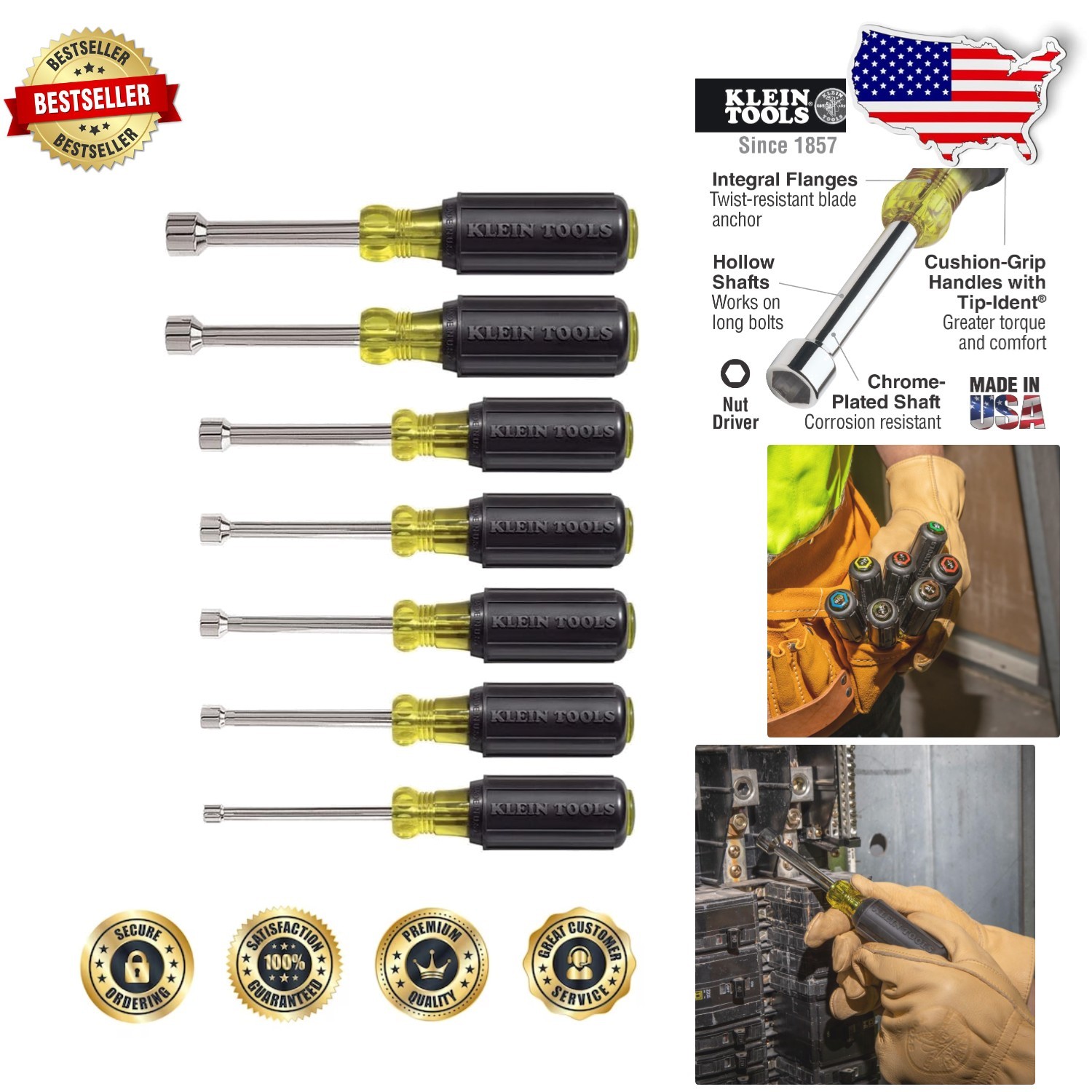 Klein Tools 631 7pc Nut Driver Set, Hollow Shaft, Comfort Grip