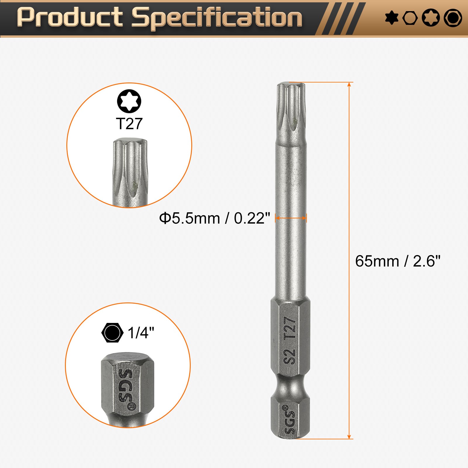 3Pcs, T27 Torx Head Screwdriver Bit 1/4″ Hex Shank 2.6″ Magnetic No Hole Tip