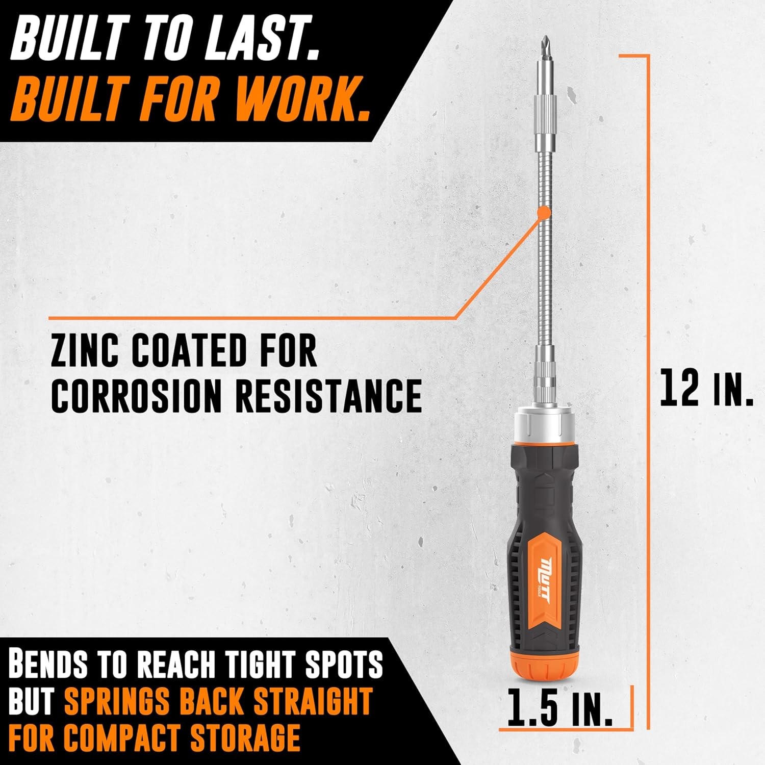 Mutt Tools 12 in 1 Ratcheting Flexible Screwdriver for Tight Orange, Gray
