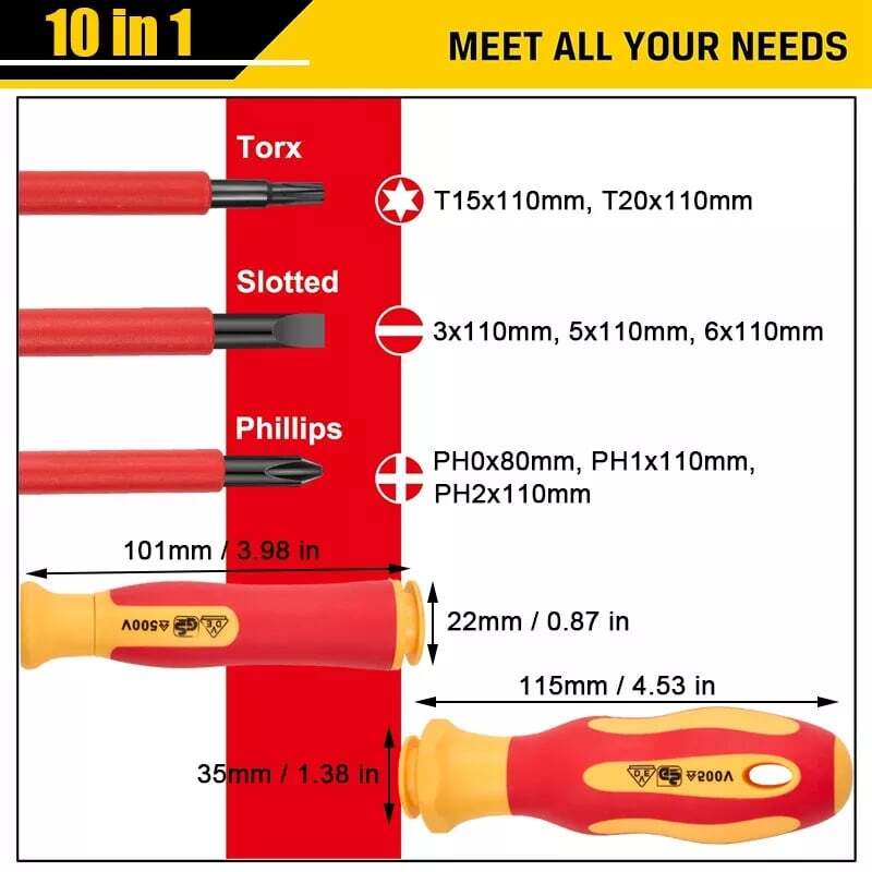 10pc Electrician’s Insulated Magnetic Electrical Hand Screwdriver Tool Set New