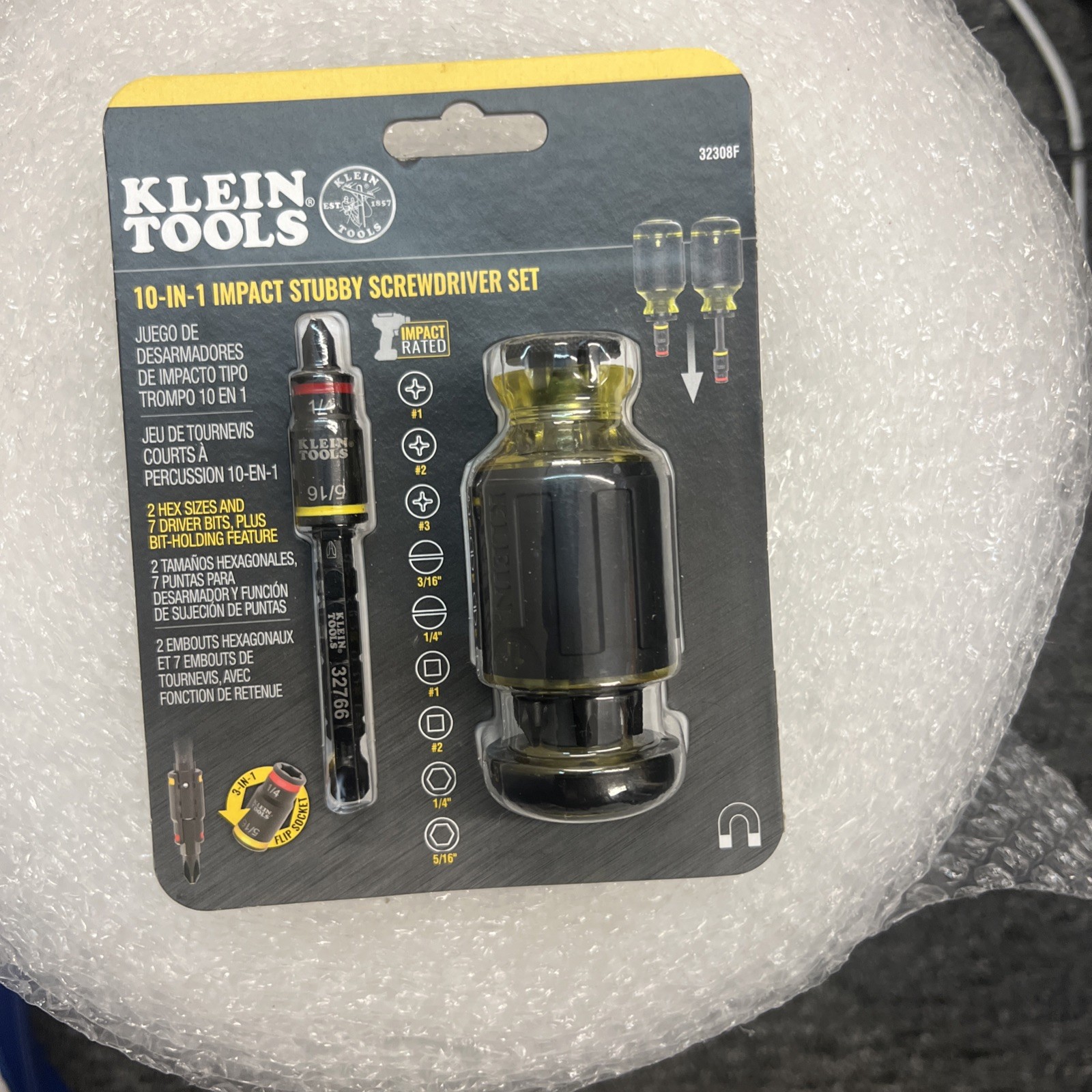 Klein Tools 32308F 10-in-1 Impact-Rated Stubby Driver Set with Flip Socket