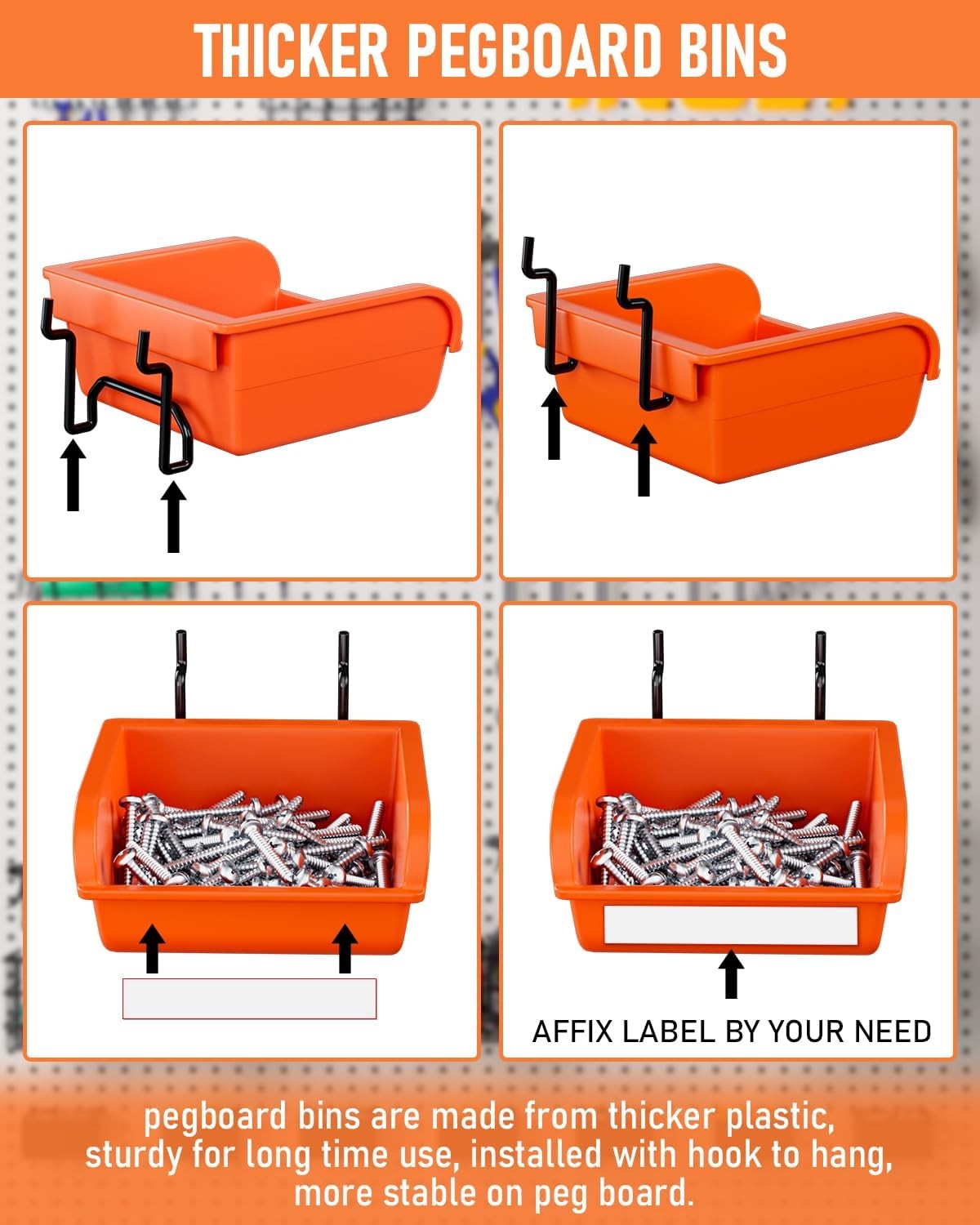 INCLY 276PCS Extra Thick 1/4″ Pegboard Accessories Organizer Black,Orange