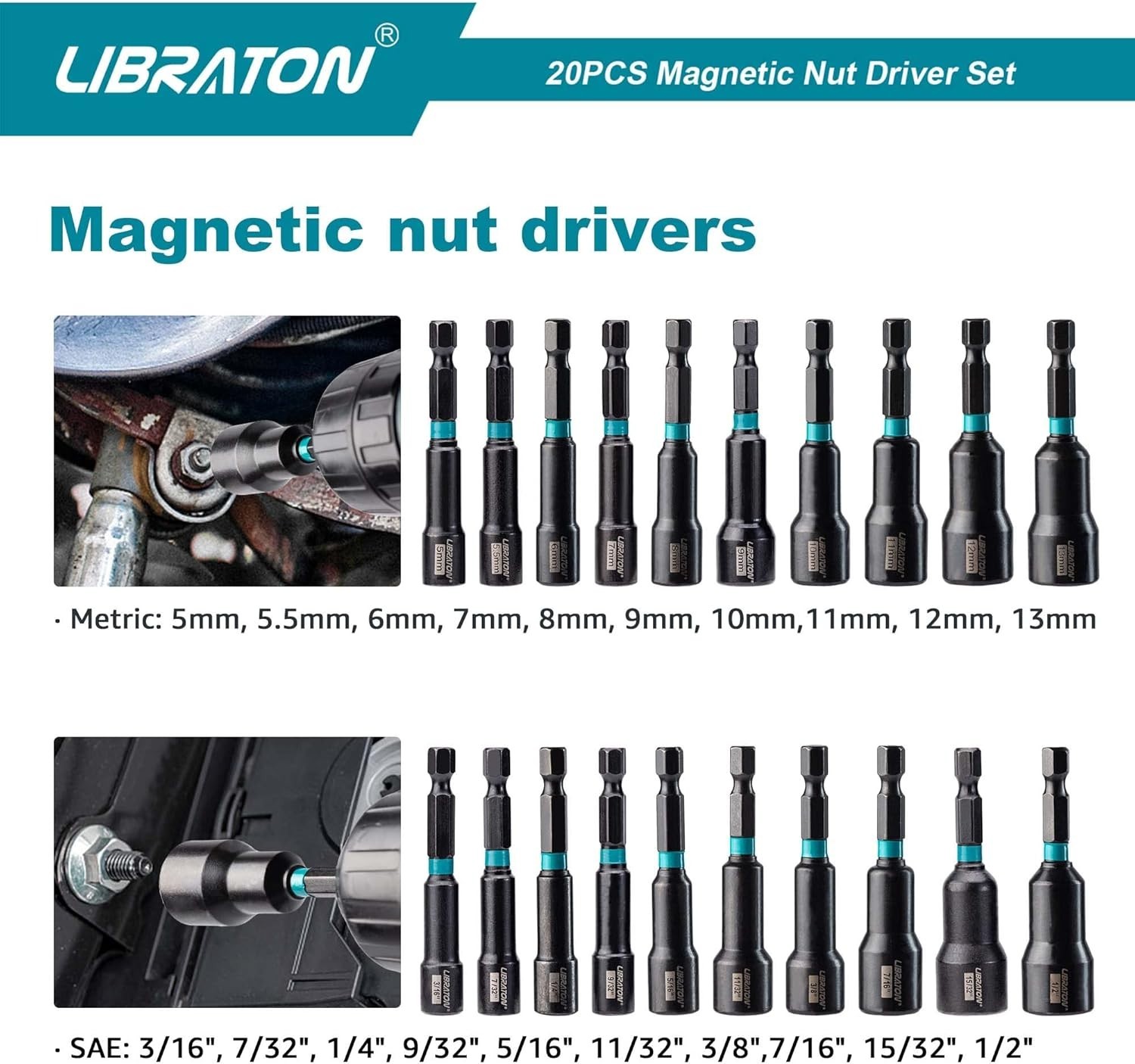Magnetic Nut Driver Set of 20 – Includes SAE and Metric Sizes & Storage Bag