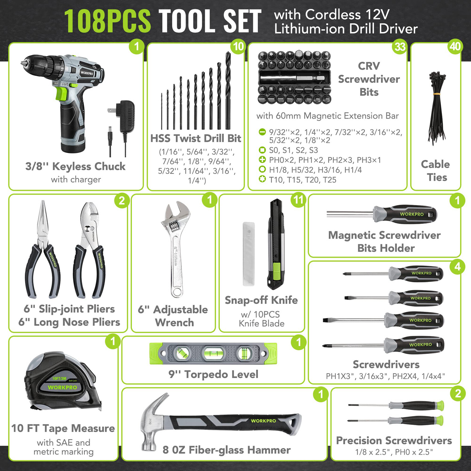 WORKPRO Home Tool Kit w/Power Drill 108PC Power Home Tool Set 12V 1.5Ah Battery