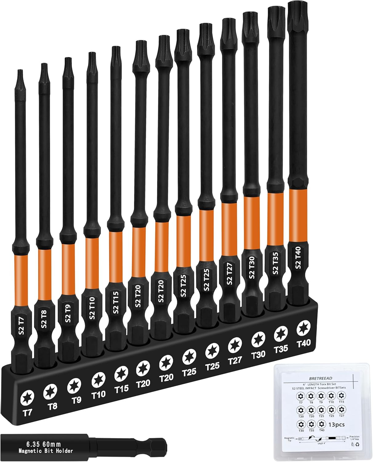 Bretreead 4’’ Long Impact Torx Bit Set 13Pcs (TT7-TT40), S2 Steel Security Torx