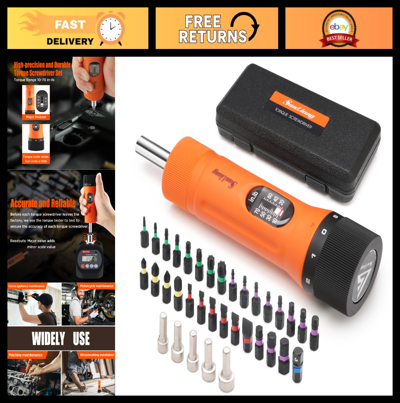 36Pcs Torque Screwdriver Set 10-70 in-lbs, 29 S2 Bits, 5 Sockets, 1/4″ Adapter –