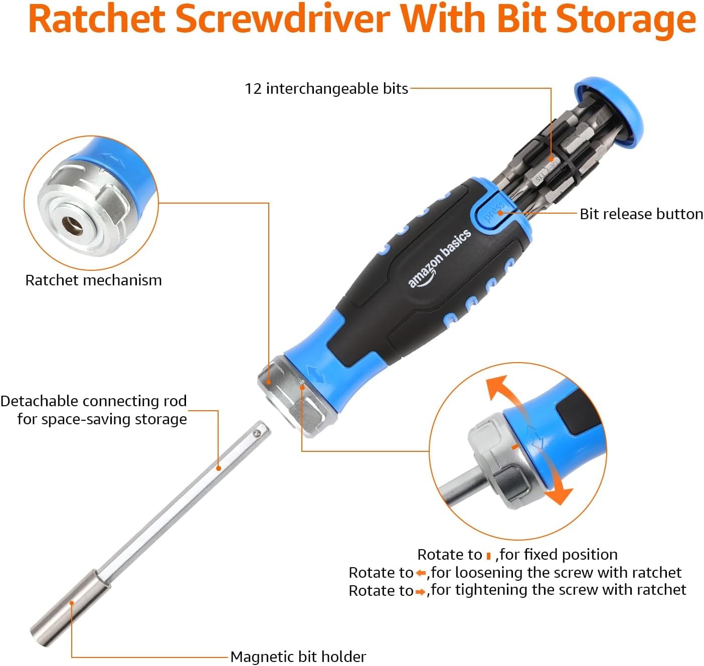 Amazon Basics 12 Piece Ratcheting Magnetic Screwdriver Blue, Black, Silver