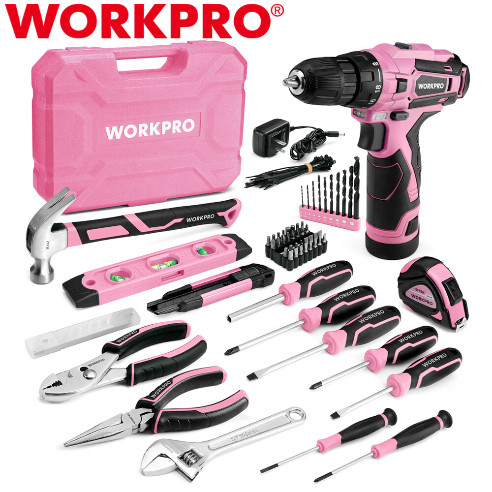 WORKPRO 108PCS Pink Tool Set Power Drill Kits 1.5A Cordless Drills Keyless Chuck