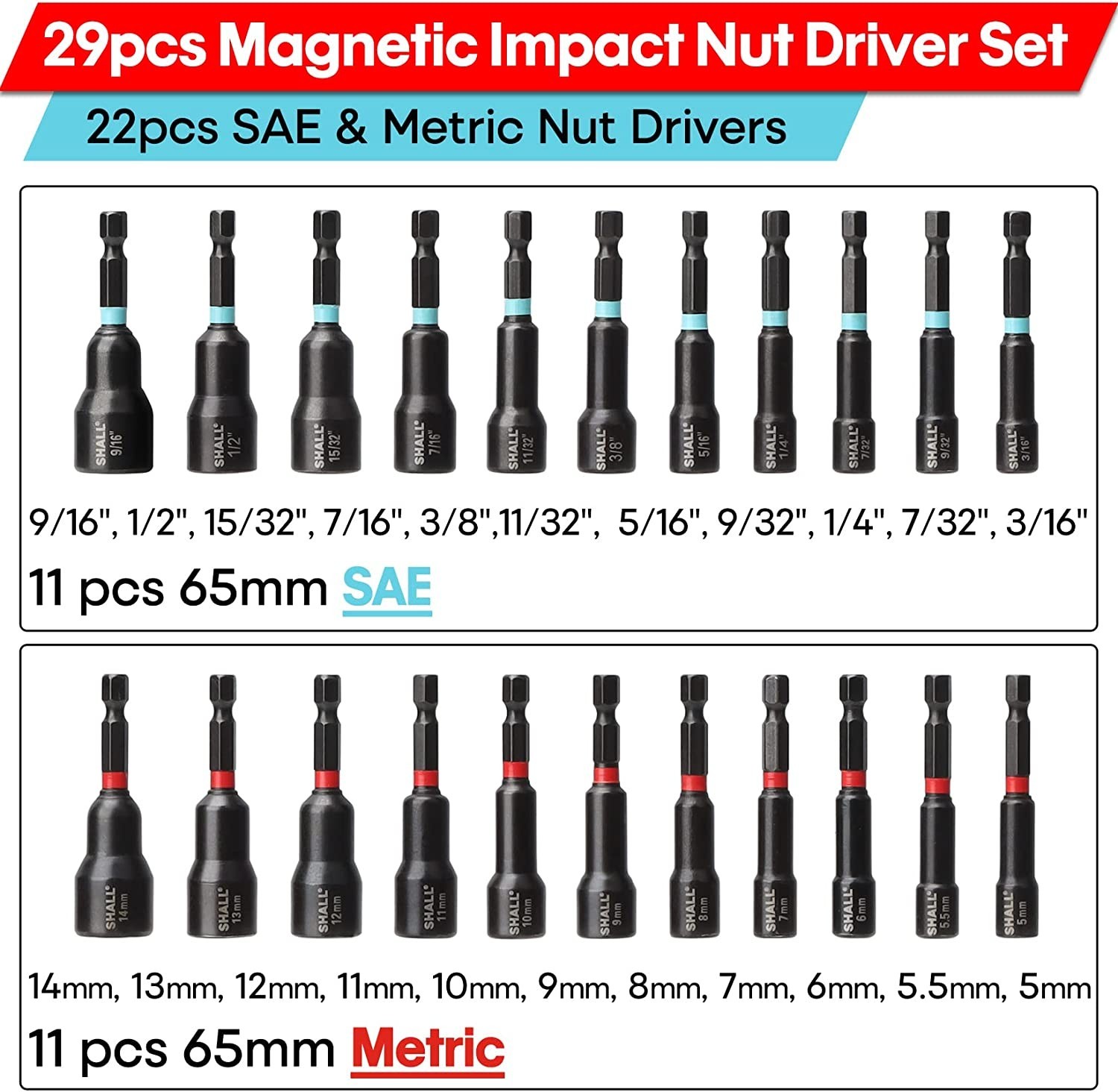 SHALL 29PC Impact Magnetic Nut Drivers Set SAE & Metric Extra Long 1/4″ Hex US