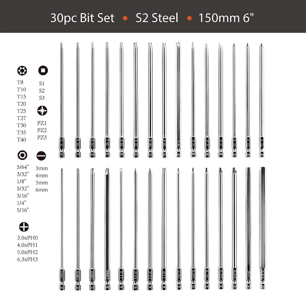 Dandeeler 30 Piece 6 Extra Long Security Bit Set Torx Hex Slotted Phillips Sq…
