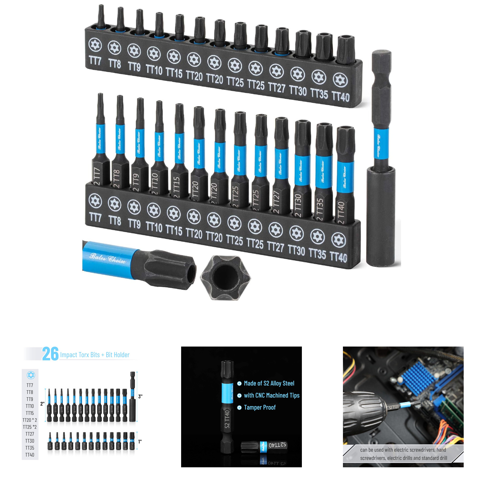 Impact Torx Bit Set 27 pcs S2 Steel TT7 TT40 Tamper Proof Security Magnetic