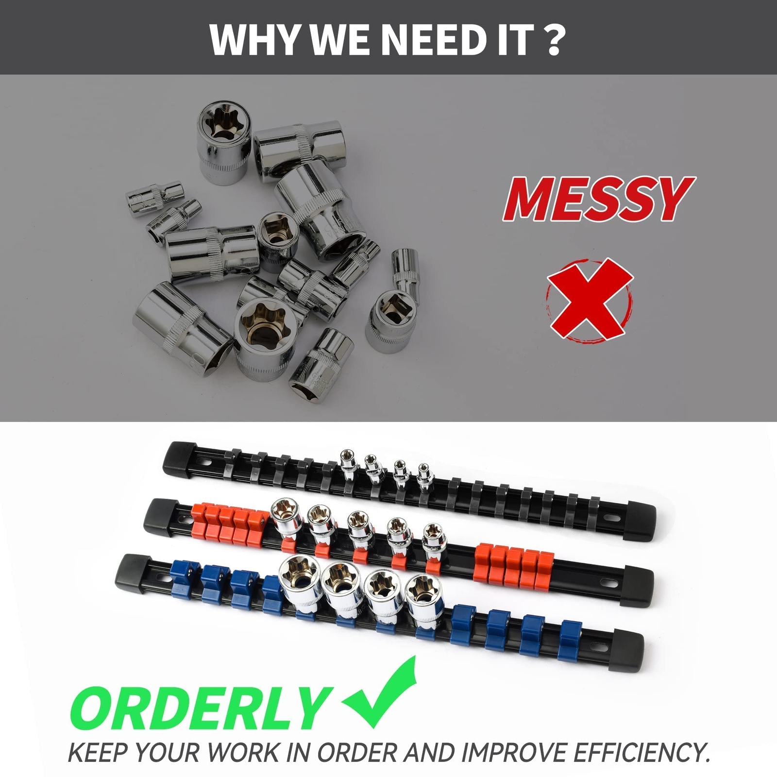 9 Pc Abs Socket Organizer 1/2 Inch 3/8 Inch And 1/4 Inch Drive Socket Rail Holde