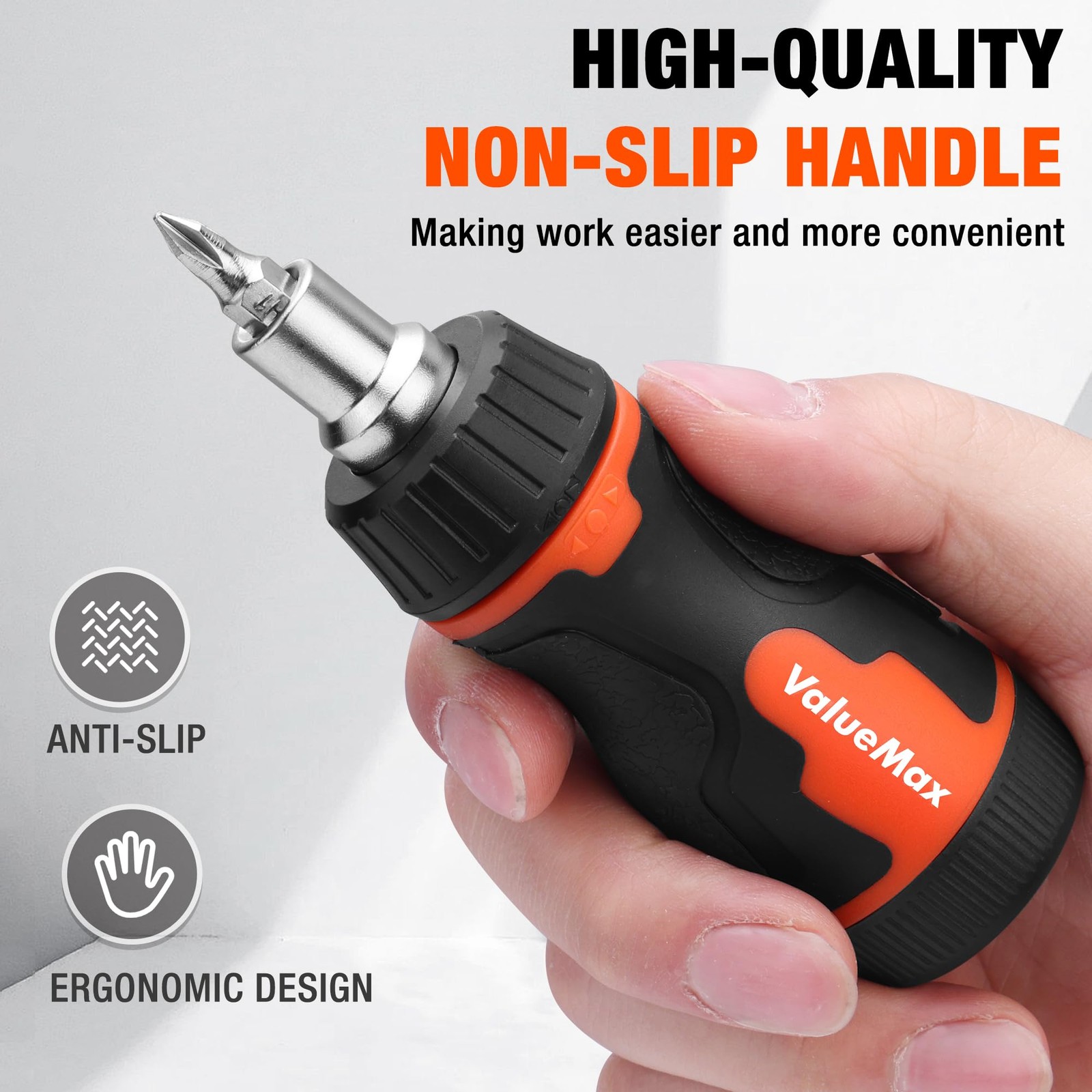 ValueMax 8-in-1 Stubby Ratcheting Screwdriver, Multi-bit Black & Orange