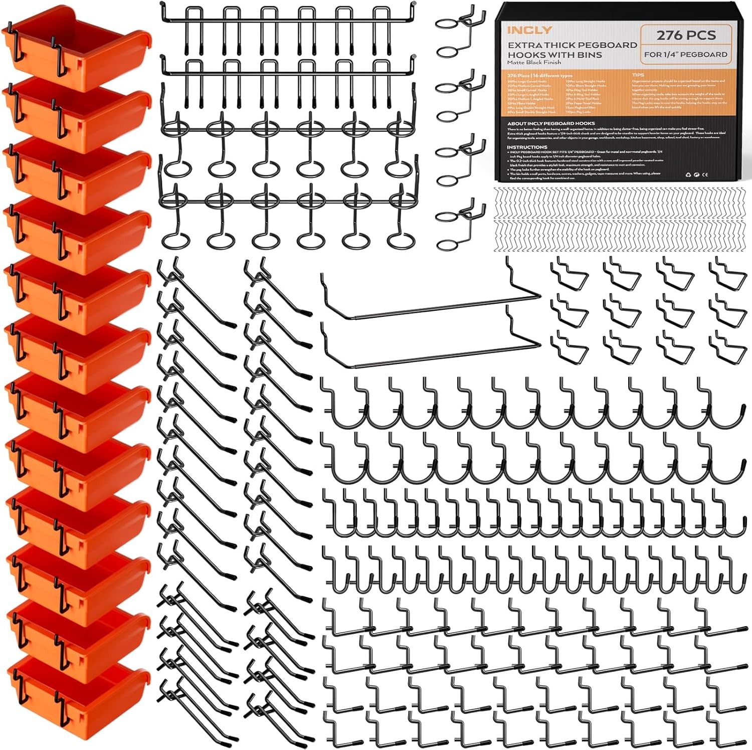 INCLY 276PCS Extra Thick 1/4″ Pegboard Accessories Organizer Black,Orange