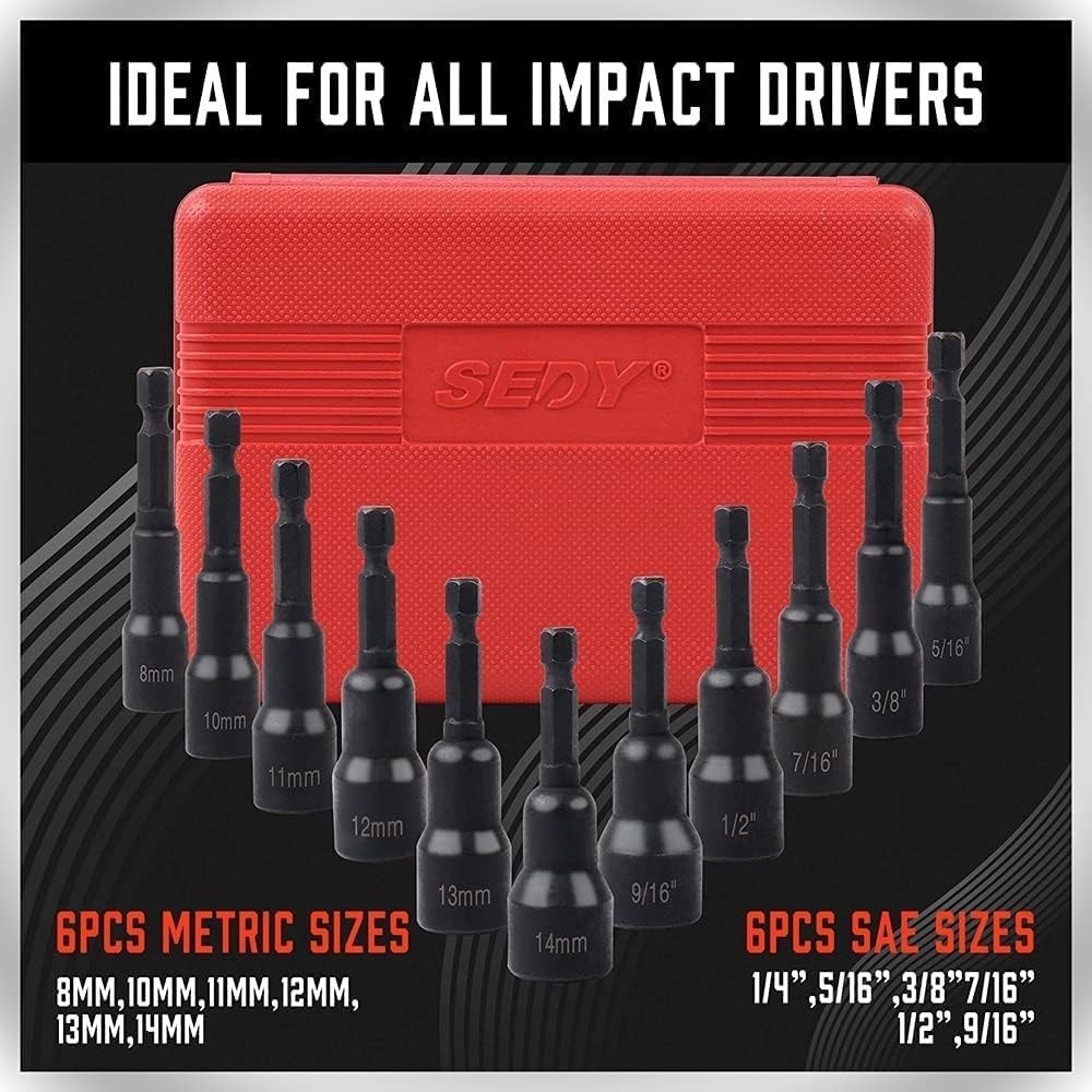 12-Piece Magnetic Nut Driver Set Impact Power Hex SAE & Metric Quick-Change