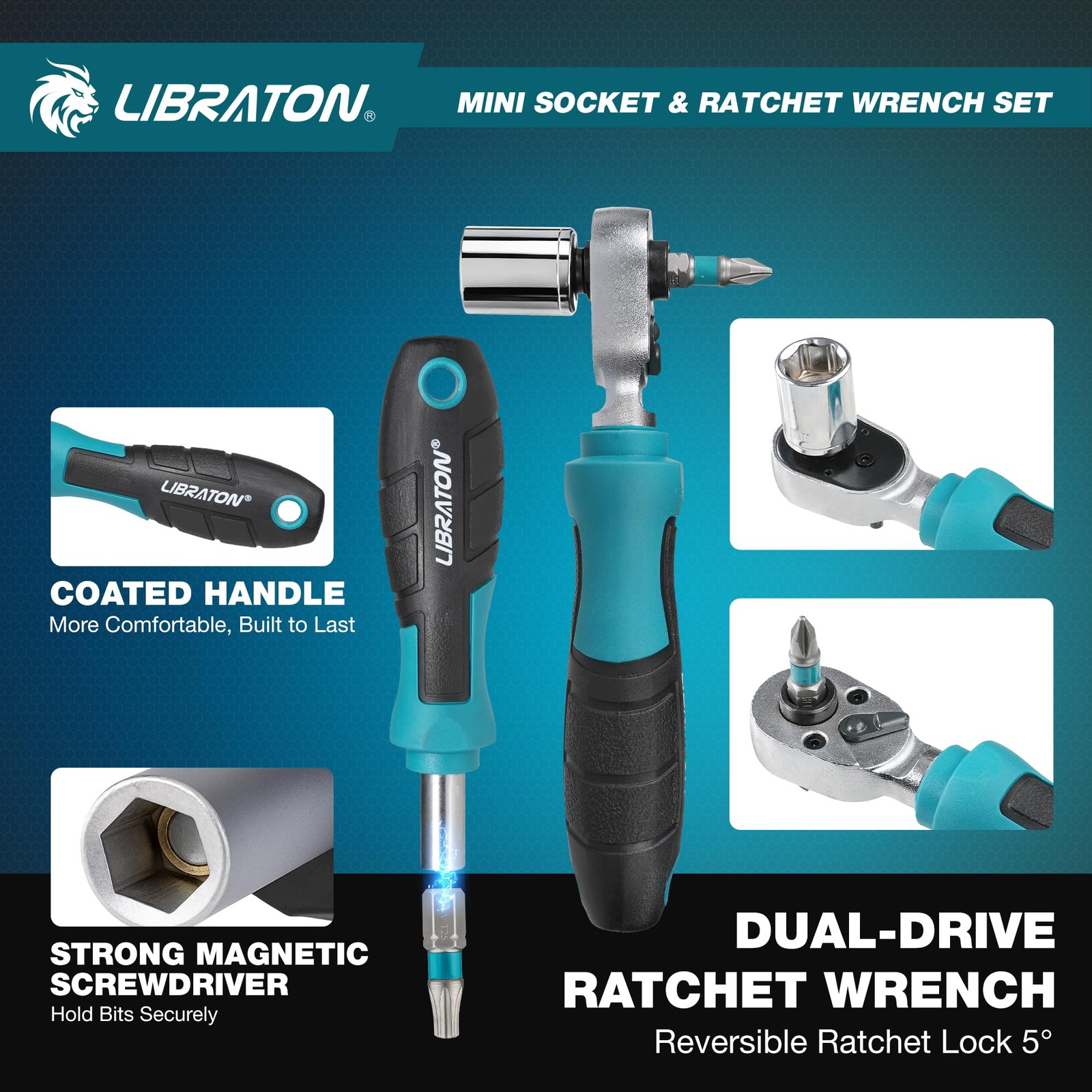LIBRATON 1/4″ Drive Mini Socket & Ratchet Wrench Set Blue With Silver Accents